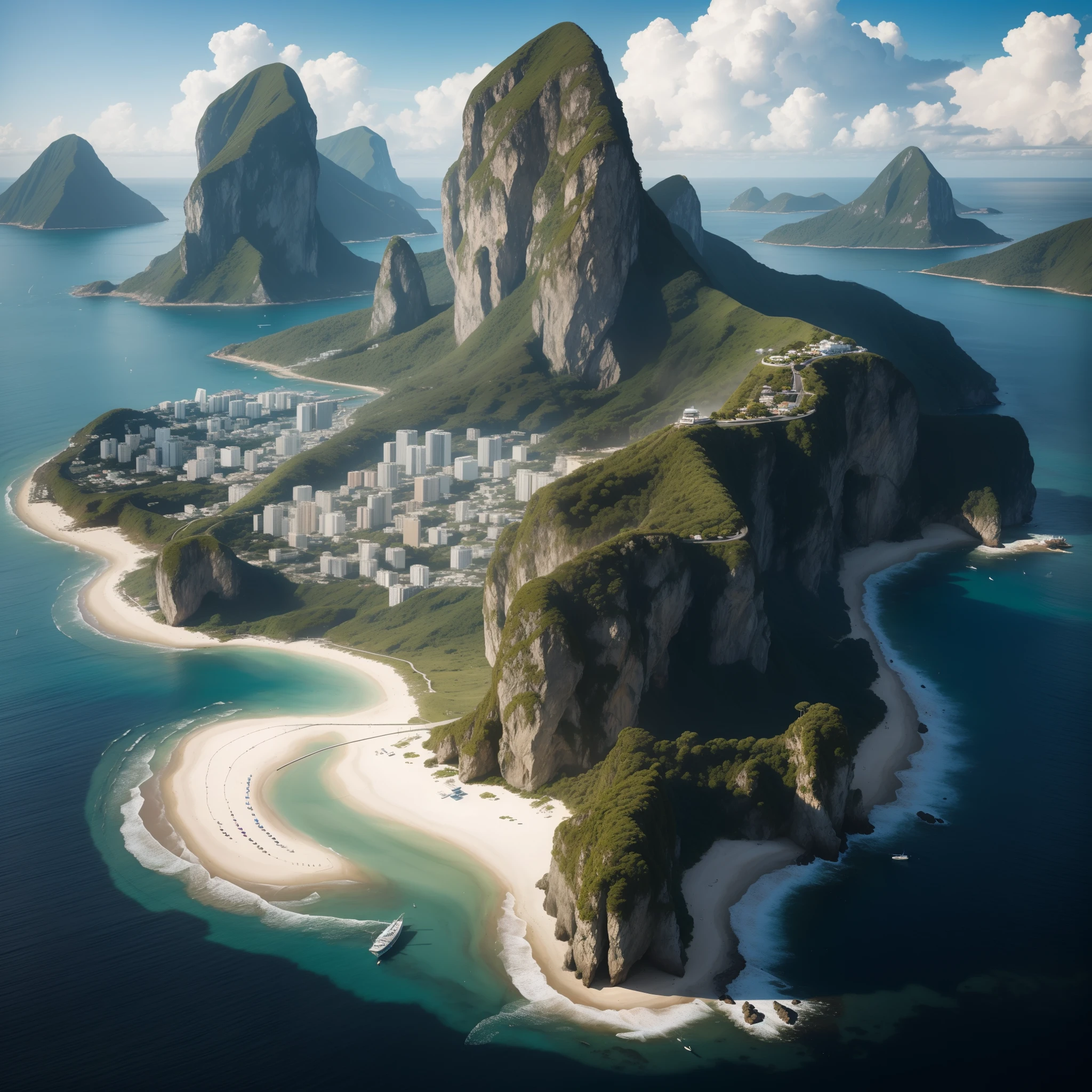 misty,mountainous island,huge,city in the center,port,harbor,palm trees,crystal clear water,boats,downtown skyline,modern architecture,Colorful buildings,tropical paradise,tourists taking photos,local market,fishermen,historic landmarks,seagulls,floating clouds,serene atmosphere,soft sunlight,golden hour reflection,refreshing breeze,bustling streets,beaches,cliffs,hidden trails,sailboats,seaside cafes,lush greenery,recreational activities,adventurous hikers,beautiful sunset over the ocean,breathtaking panoramic view,exotic wildlife,distant islands,tranquil ocean waves,daydream-like surroundings,(best quality,4k,8k,highres,masterpiece:1.2),ultra-detailed,realistic:1.37,colorful and vibrant,summer vibes,high contrast,playful and lively,coastal beauty,lively atmosphere,shimmering lights,serenity and wonder,awe-inspiring scenery