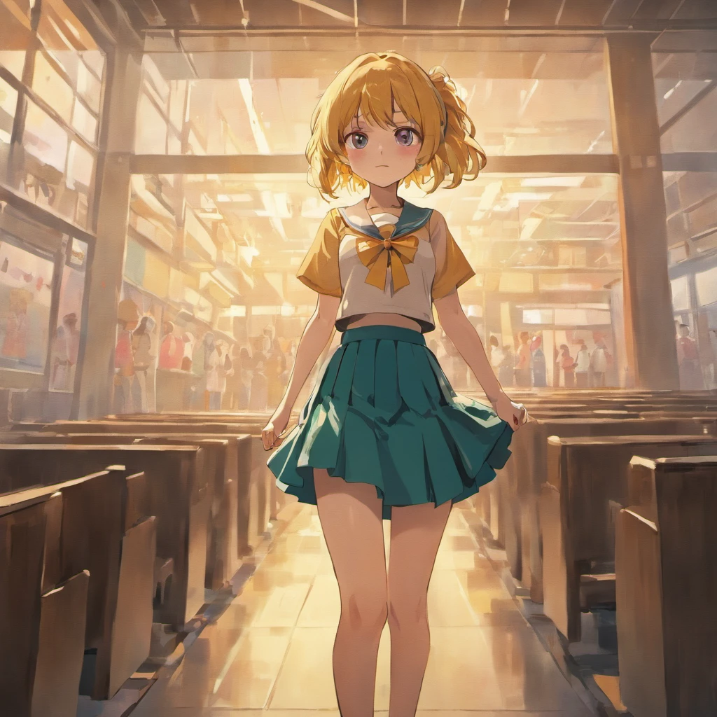 girl with、skirt by the、school classrooms、by the window、