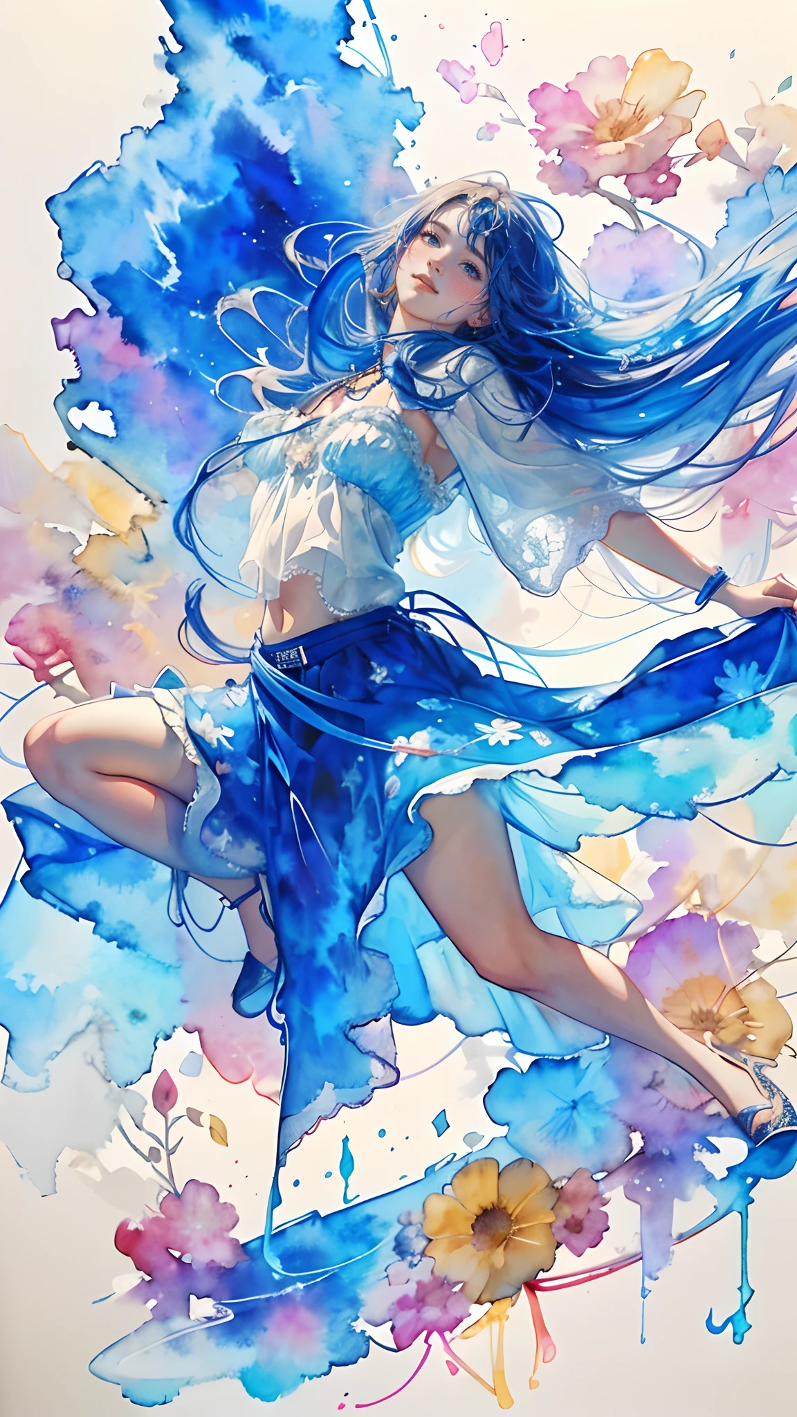 8K,​masterpiece,top-quality, From below , Cowboy Shot ,Dynamic Pose,1girl in, Portrait, Floral, watercolor sketch, light, Long hair, Reaching out,Happy, watercolor paiting \(Medium\),A sexy