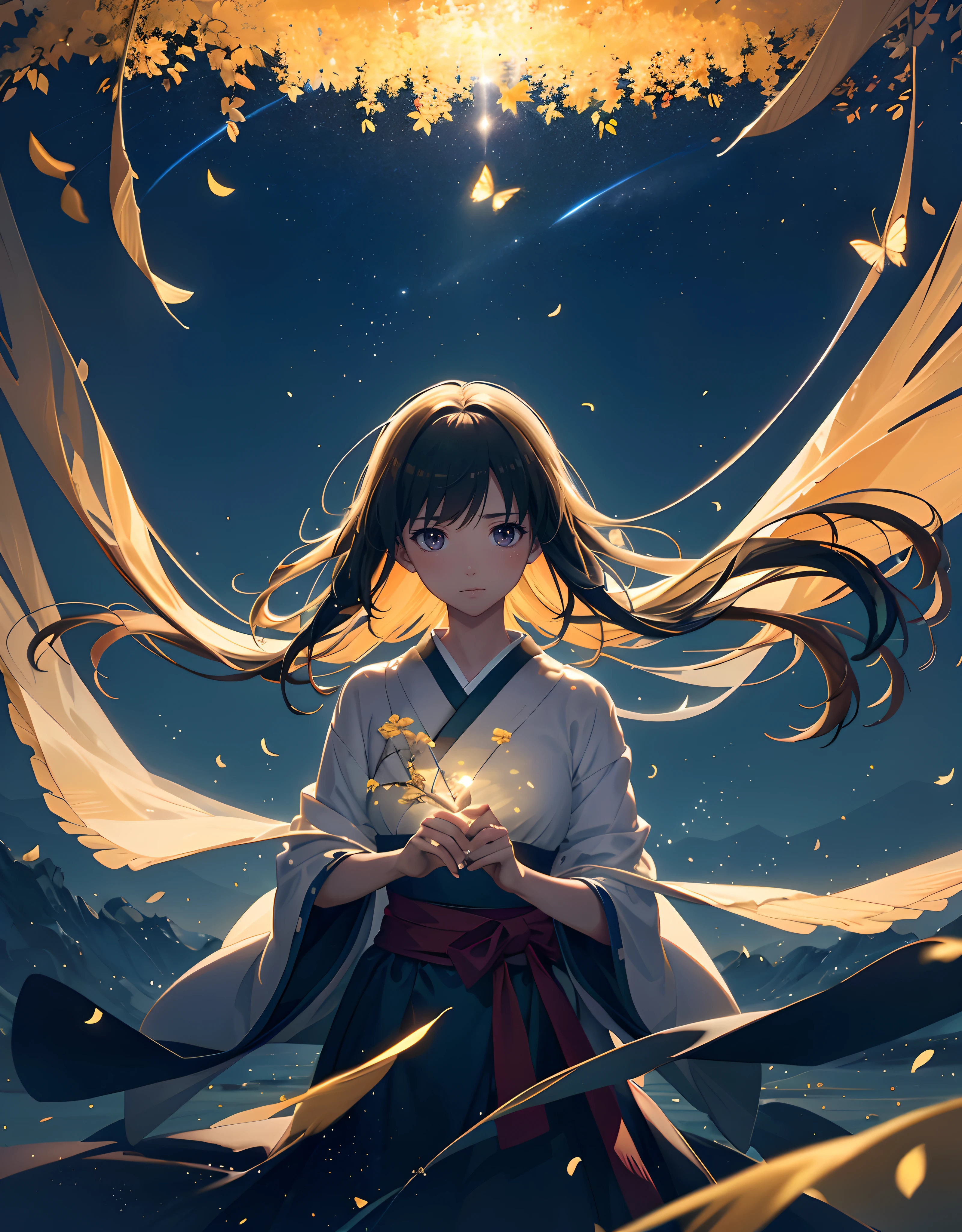 Landscape, Anime landscape field of glow flowers and lots glow of butterfly flying around in the of standing back japanese girl with long dress, very many lots of glow butterfly, fireflies, very many lots of fireflies, makoto shinkai cyril rolando, kimi no nawa meteor, anime art wallpaper 8k, Top quality masterpiece, deep focus, macro shot, fliying fireflies, lots lamp, falling leaf, falling leaf is a smooth glow light, glow, anime, object, girl (girl walking a long masterpiece) (long object), color combination masterpiece, glow light, dark morning, reflection, beautiful anime scene, japanese concept landscape art, volumetric lighting, bokeh, anime beautiful peace scene, many lots of fliying butterfly glow, pure lanscape, 8k beautiful anime, intricate, elegant, point of interest photography, perfect night landscape anime (masterpiece, side natural lighting, finely detailed beautiful clear night lanscape), long hair, lots of hair, clear sky, ray of light, rule of third photography, point of interest photography, perfect landscape color tone, leaf, falling leaf, dew, little water, Fog, saturation glow light,