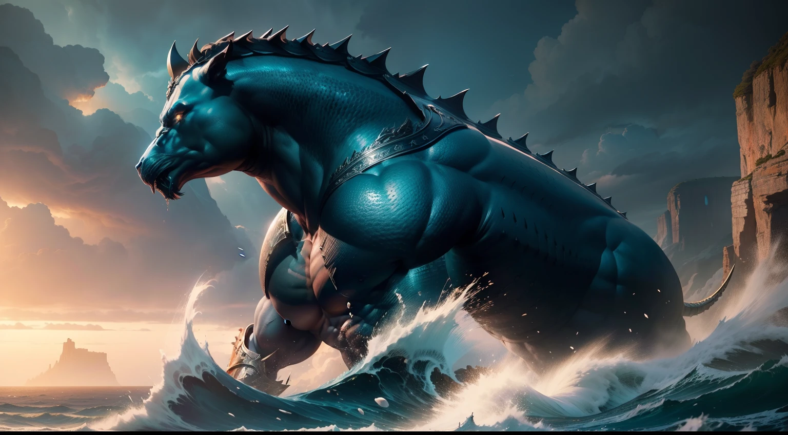 perseus,greek warrior,(intense,action-packed,dynamic) fight,(gigantic,immense) leviathan,sharp sword,(shiny,glistening) shield,(detailed,expressive) facial features,flowing hair,bulging muscles,(determined,focused) eyes,heavy armor,courageous pose,stormy sea waves,(dramatic,imposing) cliff backdrop,majestic sunlight,(vivid,dramatic) colors,(epic,fantasy) art style,(contrasting,dynamic) lighting,Heroic era