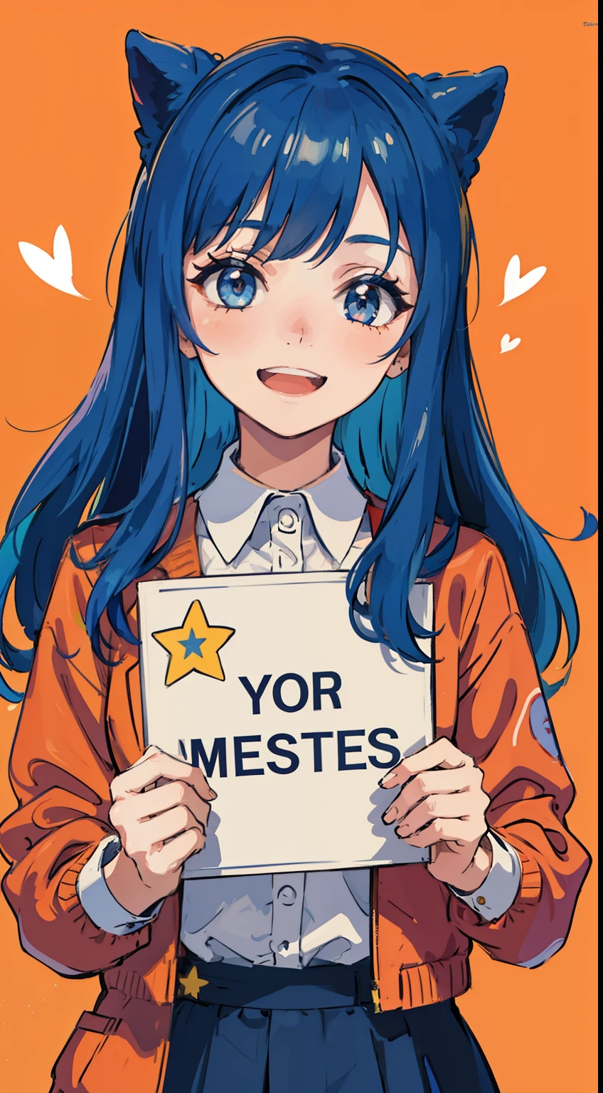 wallpaper, masterpiece,best quality, 1girl,mugshot, height chart, holding sign, smiling, laugh, perfect face, expressive eyes, intricate details, happy, emotions, soul, feelings, expressive, colorful, fun ,funny, happy, happyness, abstract background, hearts, stars, expressive colors, (orange bakcground,), jacket, in love, love, BREAK (blue hair),