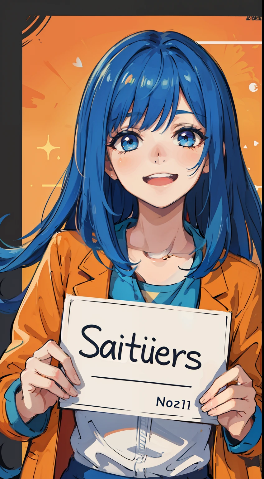 wallpaper, masterpiece,best quality, 1girl,mugshot, height chart, holding sign, smiling, laugh, perfect face, expressive eyes, intricate details, happy, emotions, soul, feelings, expressive, colorful, fun ,funny, happy, happyness, abstract background, hearts, stars, expressive colors, (orange bakcground,), jacket, in love, love, BREAK (blue hair),