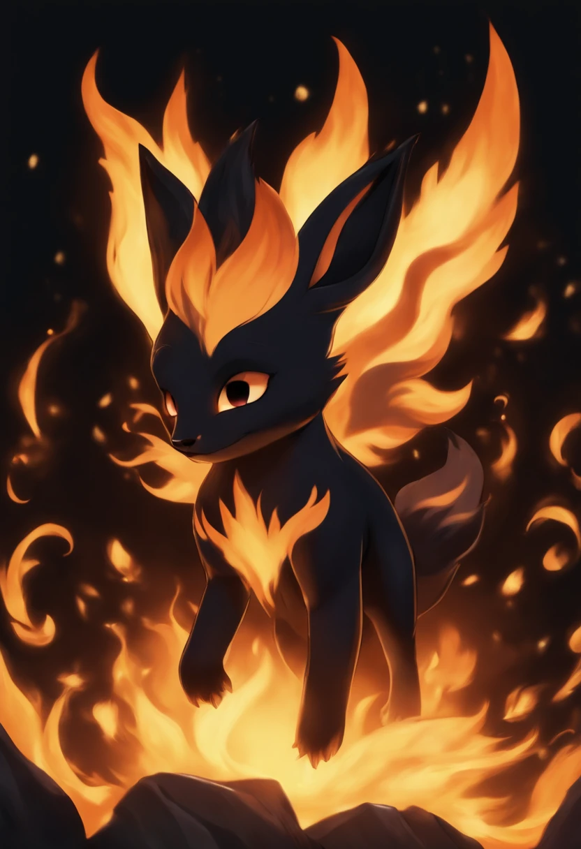 Cute little monster, Cute, Furry, Small size, 8K animation Engulfed in flames Deities々 Facing straight ahead Pitch Black Ninetales 9 Tails White Ninetail
