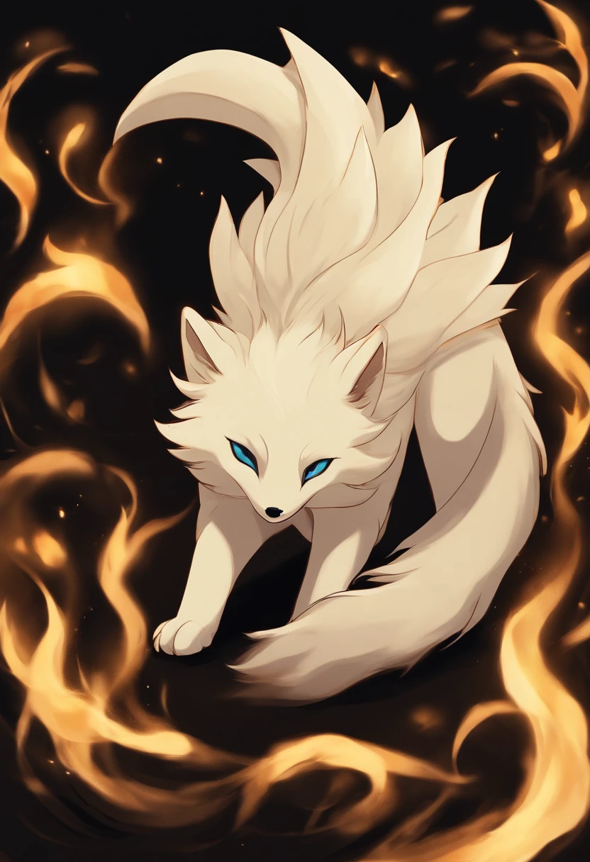 Cute little monster, Cute, Furry, Small size, 8K animation Engulfed in flames Deities々 Facing straight ahead Pitch Black Ninetales 9 Tails White Ninetail