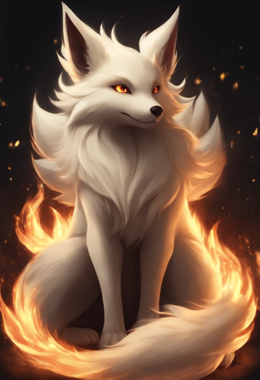 Cute little monster, Cute, Furry, Small size, 8K animation Engulfed in flames Deities々 Facing straight ahead Pitch Black Ninetales 9 Tails White Ninetail