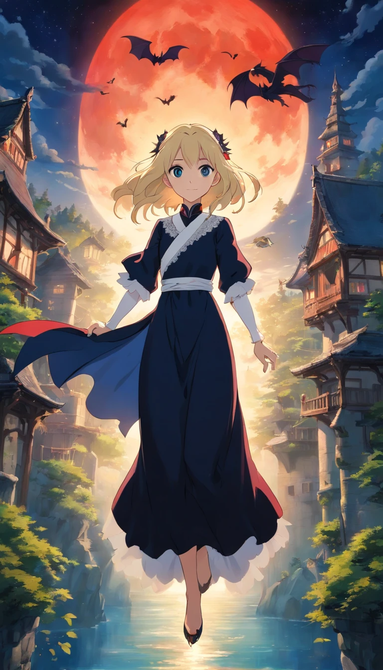 Create an image of a vampire woman, a descendant of the royal family of the magical world, floating in the air. The woman has long blonde hair, blue eyes, and is wearing a black dress with white lace decorations. In the background are moonlit old castles and forests. The image is composed as seen diagonally from above, and the woman is radiating magic toward the camera. Images should have strong contrast between light and dark and use colors such as red, black, and white. The images are anime-style, and the women have an atmosphere of strength and beauty.