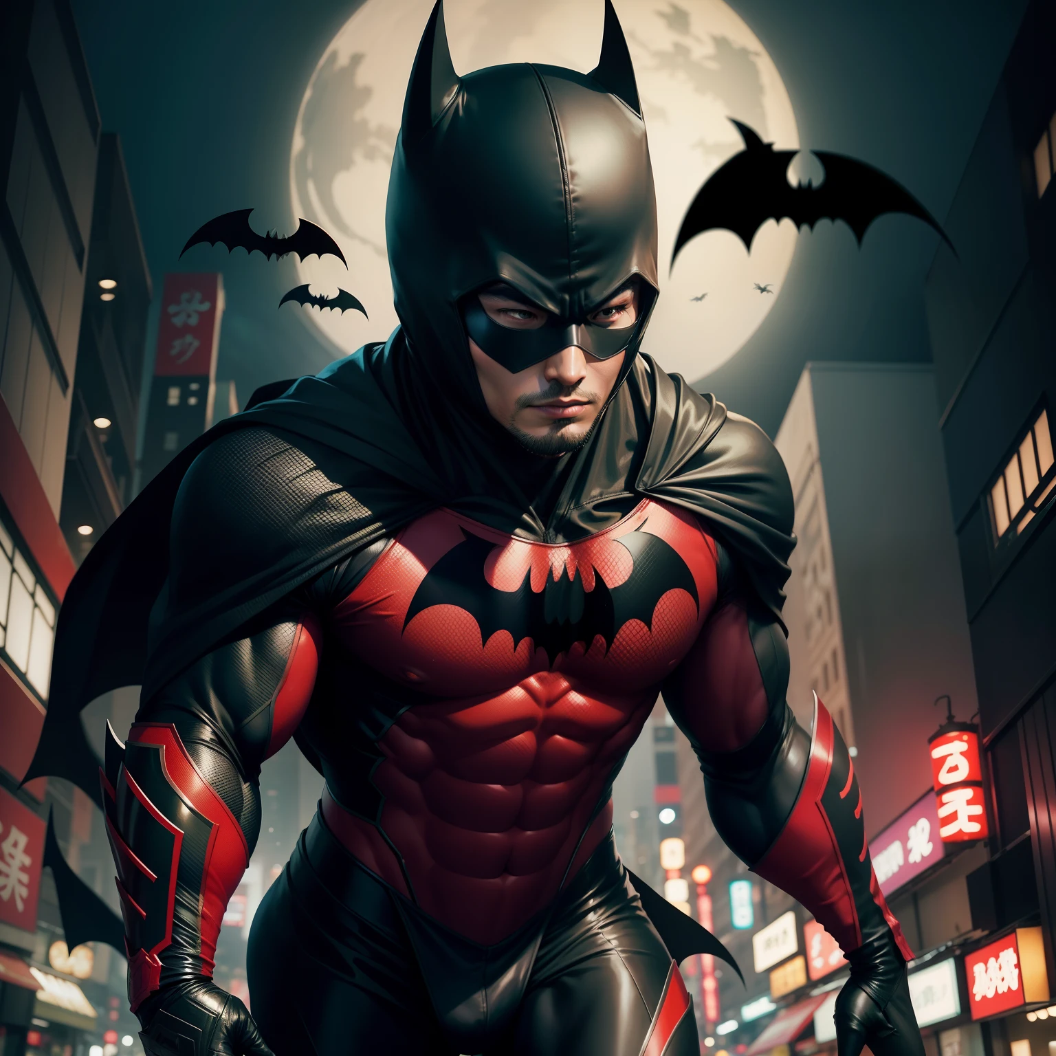 Asian Batman, night time, full suit, Japanese, ninja, body covered, no , Tokyo, black and red suit, body covered up