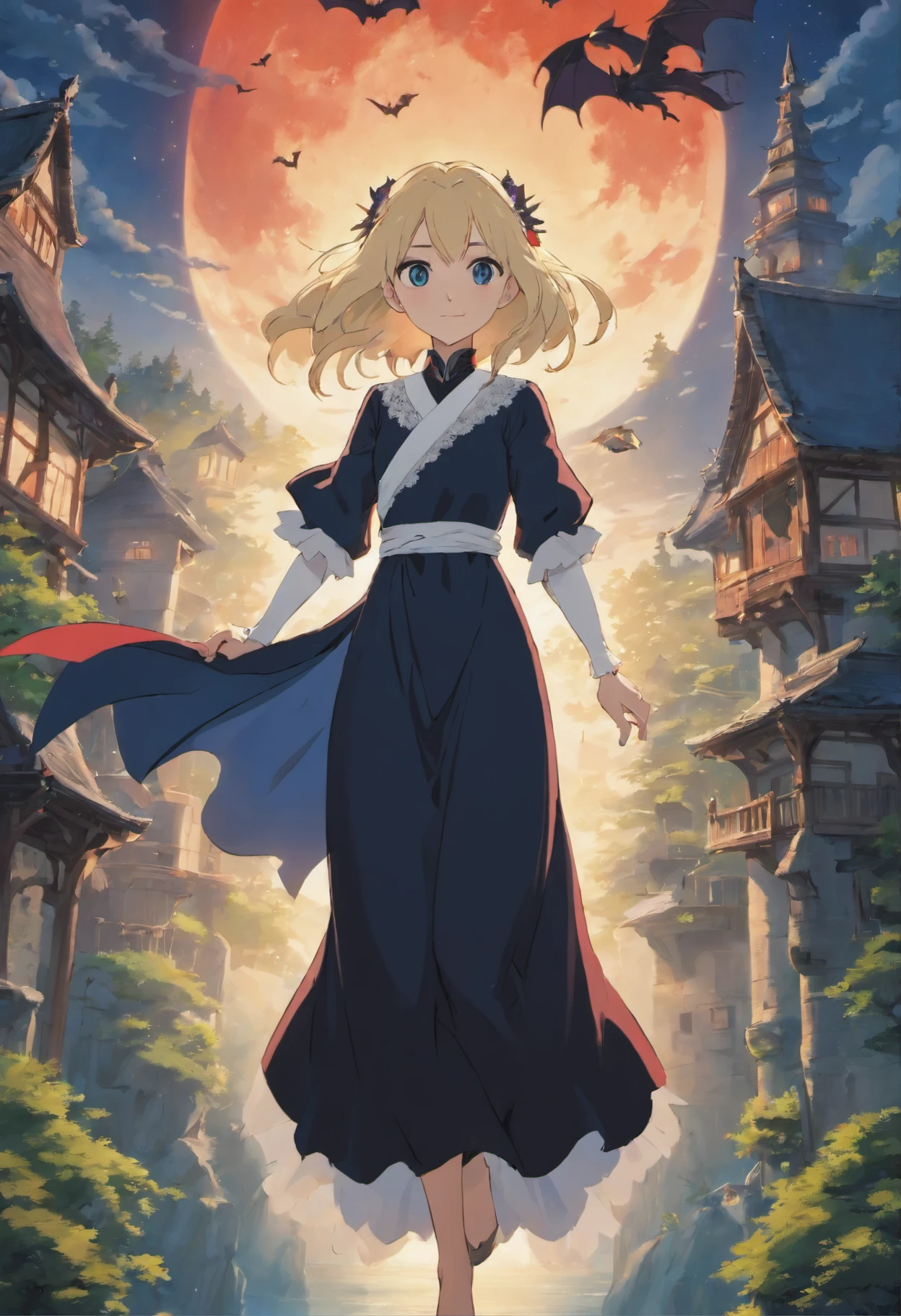 Create an image of a vampire woman, a descendant of the royal family of the magical world, floating in the air.  The woman has long blonde hair, blue eyes, and is wearing a black dress with white lace decorations.  In the background are moonlit old castles and forests.  The image is composed as seen diagonally from above, and the woman is radiating magic toward the camera.  Images should have strong contrast between light and dark and use colors such as red, black, and white.  The images are anime-style, and the women have an atmosphere of strength and beauty.