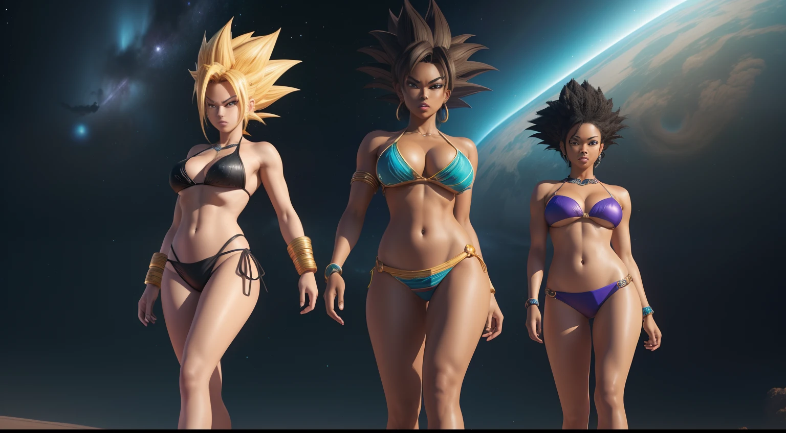 (((Three women in bikinis))) correndo, of an explosion on the beach,  e gravata posando para foto, epic 3 d oshun, Estilo afrofuturismo, Realistic bikini, Afrofuturista, afro - estilo futurista, anime afro futurismo |, Futurismo Afro, Anime estilo 3D, deviantart artstation cgscosiety, Afro Futurista,   stylized rendering, Cores da Jamaica, epic 3 d yemaya, Woman in Afrofuturist bikini posing for photo, wearing two - piece swimsuit, pele escura, mulher negra, full body shot in bikini, Rainha africanoa, corpo grande, de pele escura, bikini model, swimsuit model, is wearing a swimsuit, africano, thicc, mulher africanoa, mulher jovem negra, Jamaican vibe, marrom, afro Dragon Ball Goku Wallpapers Dragon Ball Goku Wallpapers, Goku Feminino, menina saiyajin, Super Saiyajin, indo super saiyajin, Super Saiyajin 3, fan art, Arte HD, estilo anime 4K, Super Saiyajin Goku, badass anime 8 k, estilo de arte de dragon ball, Anime HD, Poster de Anime 3D, DBZ, Super Sayan, Super Sayian Goku de corpo inteiro, detalhes muito altos, 8KNa dimension where stars collide, the legendary serpent Orochi emerges as the embodiment of the heavenly fury. Your body is a symphony of radiant colors, refletindo o nascimento das estrelas. His eyes glow with cosmic fire and tendrils of energy form an arc around his form like an ethereal lightning bolt. The presence of the serpent inspires awe and fear, for it harnesses the power of the cosmos itself. In the midst of a cosmic whirlwind, where galaxies spiral and stars explode, a serpente reina suprema, epic, Cataclysmic and transcendent, Evoking the power of heavenly forces. Estilo: Ultra-realistic digital painting with intricate details and a dynamic color interaction. Execution: Renderizada em estilo hiper-realista, Using advanced digital techniques to capture the serpent's complex interstellar environment and celestial energy, Three women in bikini and tie posing for photo, epic 3 d oshun, estilo afrofuturism