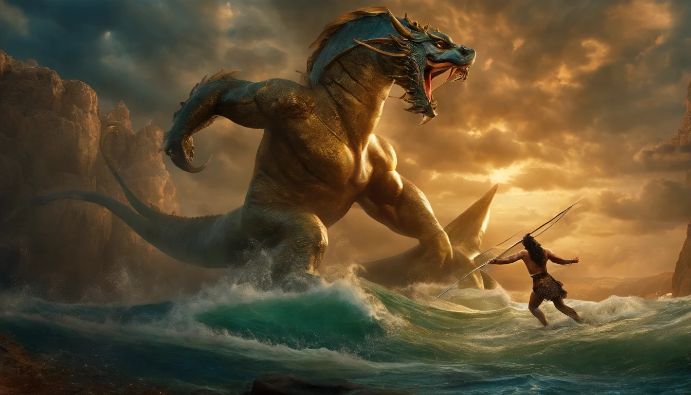 perseus, the greek warrior, fighting a huge leviathan