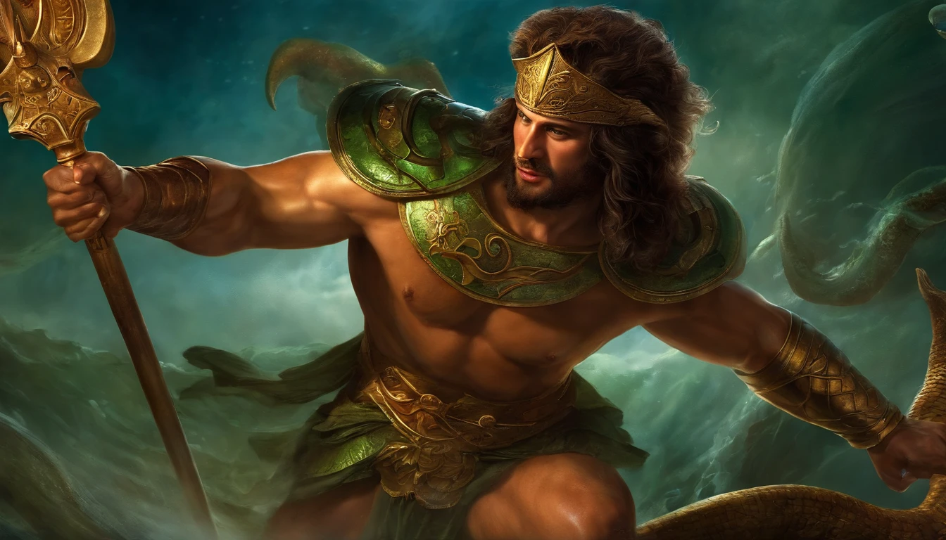 perseus, the greek warrior, fighting a huge leviathan