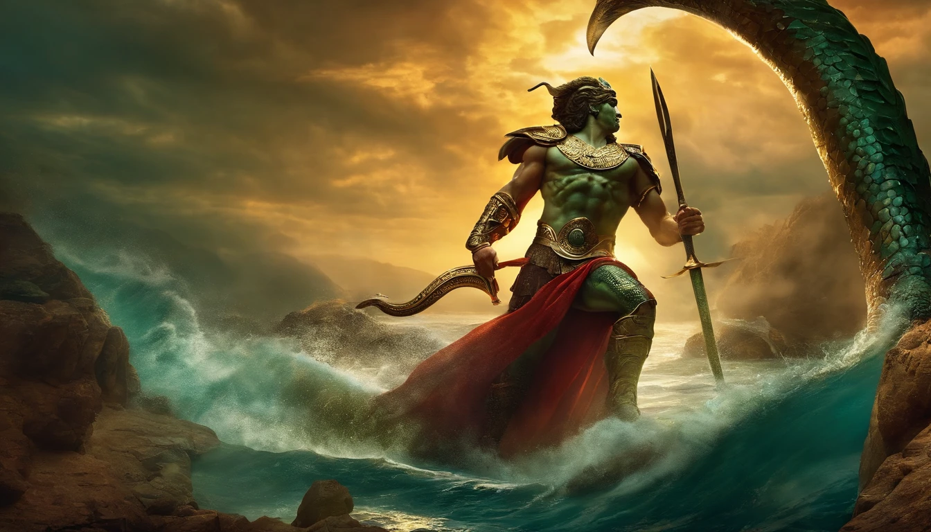 perseus, the greek warrior, fighting a huge leviathan