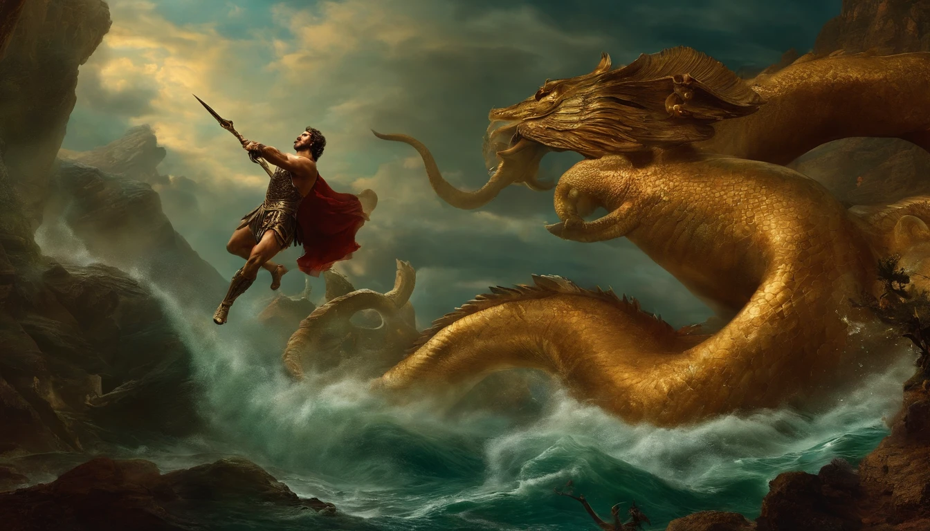 perseus, the greek warrior, fighting a huge leviathan