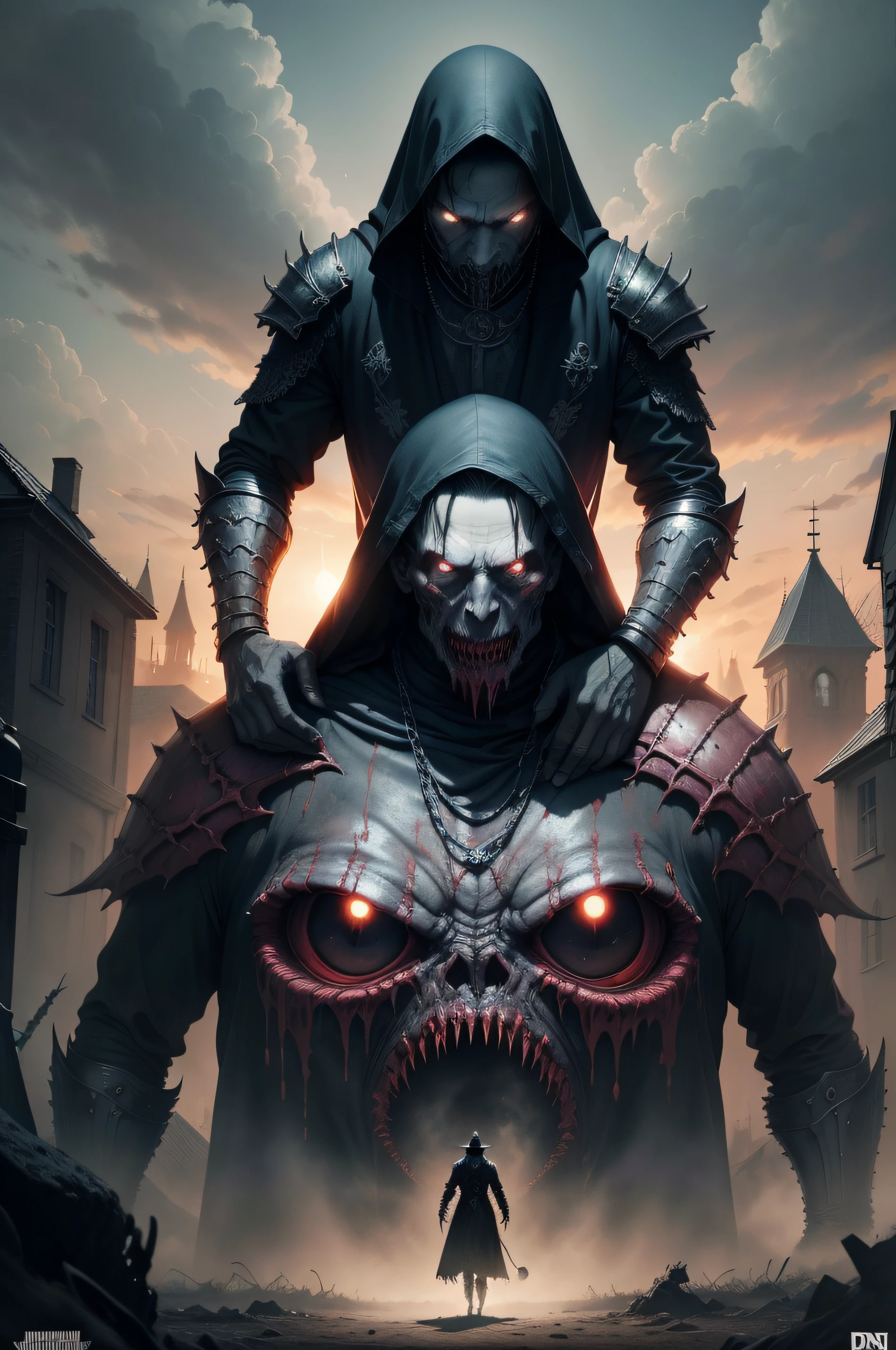 Nahaufnahme eines Posters mit einem Monster darauf, Detailliertes Cover-Artwork, Demonic parasite, Dunkler Priester, Dressed in worried armor, Album-Artwork, Demonic Presence, Kultisten, Kleriker, Beksinski und Dan Mumford, Dunkel getarnter Nekromant, Der Herr der Pest, Offizielles Poster-Artwork, Beautiful, eerie facial features, gloomy demonic atmosphere, ohne schriftzug