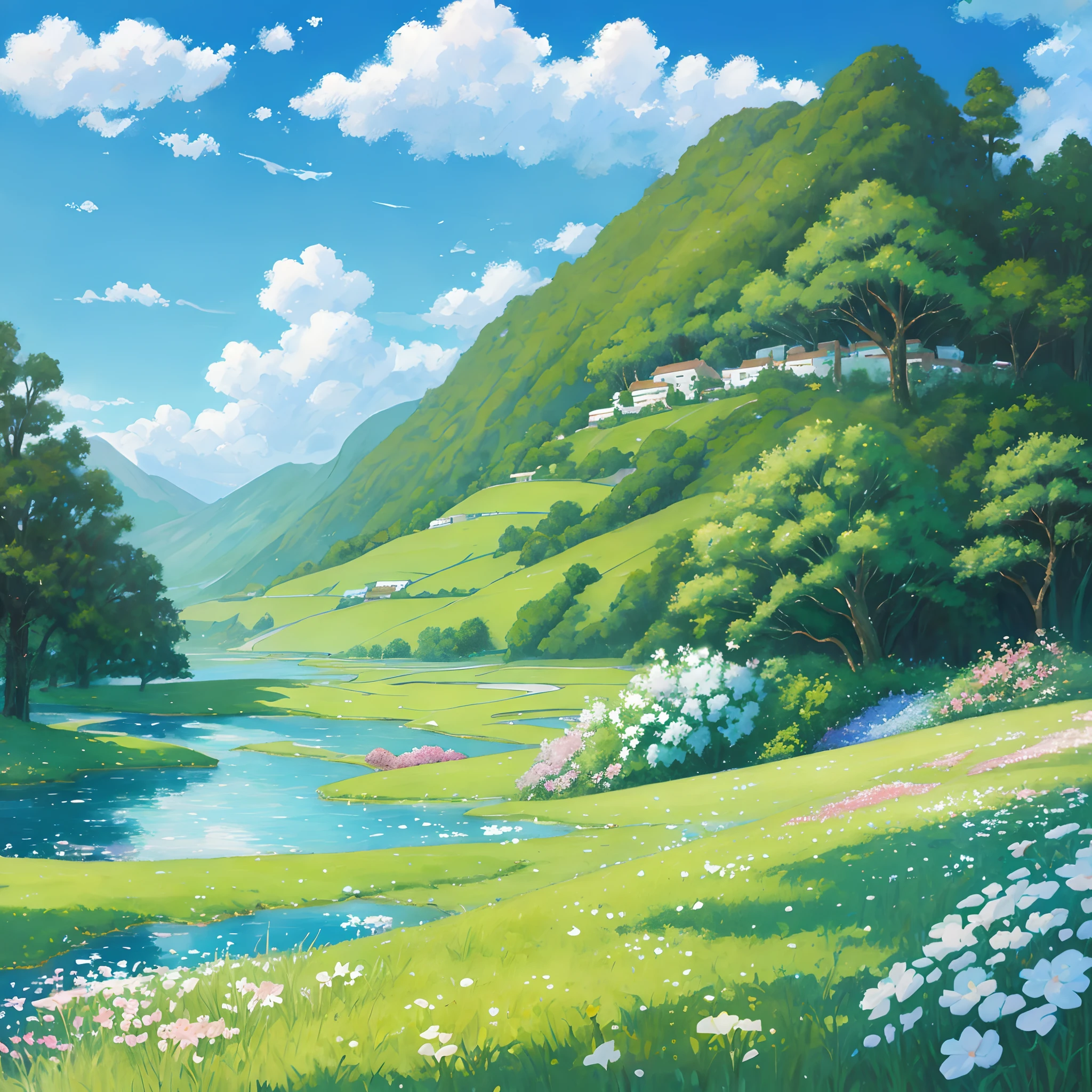 Realistic, authentic, beautiful and amazing landscape oil painting Studio Ghibli petal grassland with blue sky and white clouds --v6
