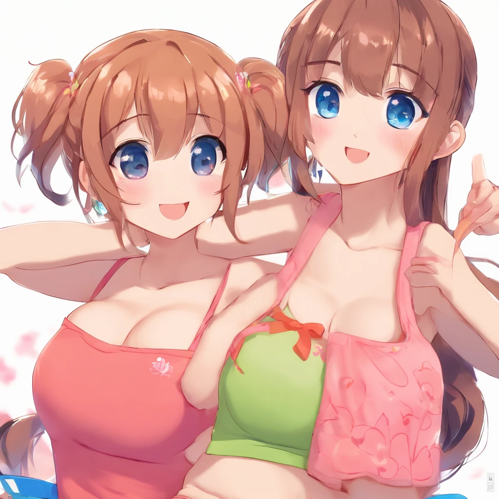 NSFW , ,   , Yuri, ((brown hair, ponytail, blue eyes)), ((2girls)), large breasts, ((short torso)), ((short body ratio)), ((same character)), twins, ((short)), large and round breasts, round face, twins, thick arms, early 10s, sexy poses, couple, identical twins, sex, mutual sex, big head, round breasts, affectionate with each other, sphere breasts, smiling