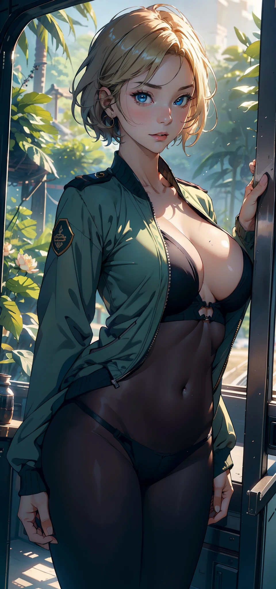 1female，35yo，plumw，extremely large bosom， 独奏，（Background with：the rainforest，the fruits，lotus flower，aerodrome，Planes，tanks，Army，） She has short blonde hair，Standing in the cabin，，seen from the front， hair straight， mostly cloudy sky，（（（tmasterpiece），（Very detailed CG unity 8K wallpaper），best qualtiy，cinmatic lighting，detailed back ground，beatiful detailed eyes，Bright pupils，Blue eyes，（Very fine and beautiful），（Beautiful and detailed eye description），ultra - detailed，tmasterpiece，）），facing at camera，A high resolution，ultra - detailed），revealing breasts，Bare genitalia，  Bulge，legs are open，Raised sexy，Camel toes，Flushed complexion，Desire for dissatisfaction，frontage，British pilot，（Wearing：Dark green bomber jacket，Black pantyhose）
