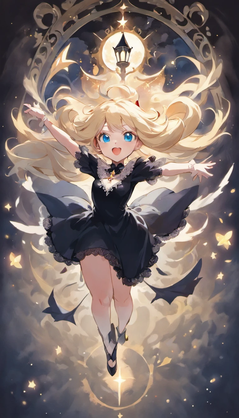Create an image of a vampire woman, a descendant of the royal family of the magical world, floating in the air. The woman has long blonde hair, blue eyes, and is wearing a black dress with white lace decorations. In the background are moonlit old castles and forests. The image is composed as seen diagonally from above, and the woman is radiating magic toward the camera. Images should have strong contrast between light and dark and use colors such as red, black, and white. The images are anime-style, and the women have an atmosphere of strength and beauty.
