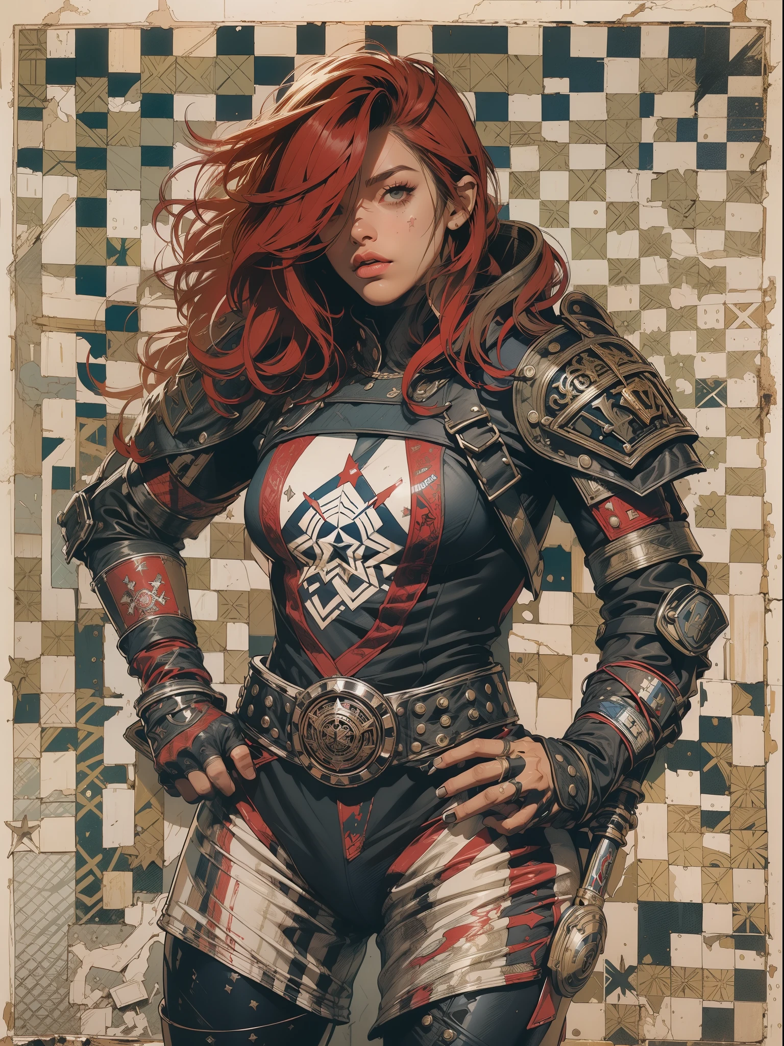 (((mulher))), (((melhor qualidade))), (((obra prima))), (((adulto))), (((1girl))), ((( corte de cabelo bob ))), Uma gladiadora cyberpunk mulher de 25 anos com corpo perfeito, shoulder pads with metal spines, Gladiadores do Brooklyn, (( corte de cabelo bob )), tiny leather panties, camiseta de time de rugby rasgada, quase nua no estilo selvagem urbano de Simon Bisley para a capa da revista Heavy Metal, Cabelo loiro curto, Minimum clothing, Metal protection on the left arm with intricate graphics, Dark red with white stars and white and navy blue checkerboard pattern, armadura, cheio de pontas e rebites, (((do joelho pra cima))), cabelos loiro branco curto, no fundo uma parede pintada por Shepard Fairey com um design intrincado