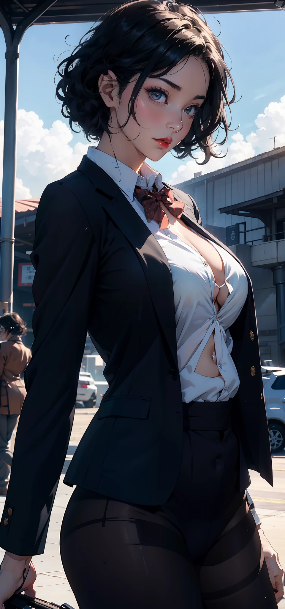 1female，35yo，plumw，extremely large bosom， 独奏，（Background with：A desert，aerodrome，Planes） She has very short black hair，bobo head，Stand on the plane，，seen from the front， curlies， mostly cloudy sky，（（（tmasterpiece），（Very detailed CG unity 8K wallpaper），best qualtiy，cinmatic lighting，detailed back ground，beatiful detailed eyes，Bright pupils，Black eyes，Snow-white skin，Redlip（Very fine and beautiful），（Beautiful and detailed eye description），ultra - detailed，tmasterpiece，）），facing at camera，A high resolution，ultra - detailed），revealing breasts，Bare genitalia，  Bulge，legs are open，Raised sexy，Camel toes，Flushed complexion，Desire for dissatisfaction，frontage，us airforce，Aviator，（Wearing：blazer jacket，tailcoat，neck bowtie，Black pantyhose，Bare breasts）