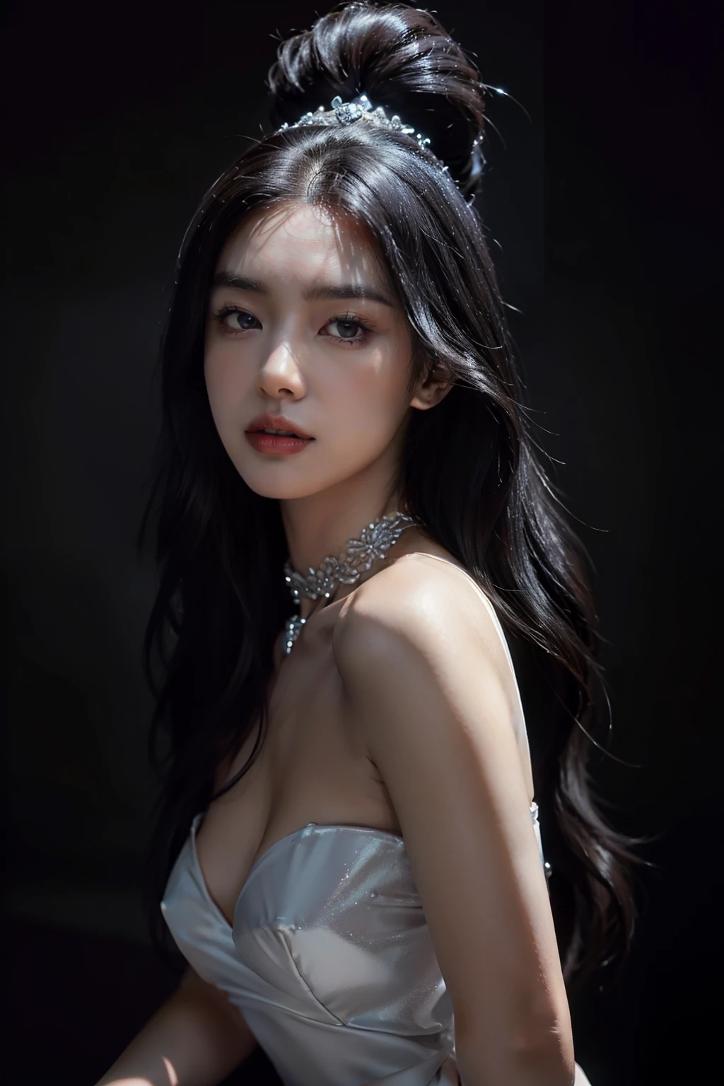 (highy detailed，8K，realisticlying，meticuloso，Real Human)The Dark Temperament Queen exudes a cold charm，She has a face that is hard to ignore。Thick slender black hair draped over his shoulders，Exudes a touch of mystery。Her eyes were deep and sharp，Like stars at night，It reveals an incomprehensible force。Her high nose and slightly raised lips outline the perfect proportions of her face，It gives a feeling of nobility and coldness。Her skin was as fair as snow，It's as if you've never seen the pure color of sunlight，A striking contrast to black hair。She is slim and charming，Like an elegant black swan。She wore a silver-white bandeau dress，The material of the dress sparkles，Cast a mysterious and seductive glow in the darkness。The skirt extends downwards，Gently stroke the curves of her slender legs，Show off her attractive figure。She has an obsidian bracelet embedded in her wrist，Exudes mysterious energy。Every time she moves，The obsidian on the bracelet will emit a dark and dazzling light，It was as if connected to her soul。She wears a pair of high-heeled black leather boots，The exquisite design expresses her unique taste。Every step she took，It was as if the whole world was trembling for it，Her aura seemed capable of tearing through the darkness，Blaze a trail for her to be alone。The Black Queen became the focus of attention with her highly detailed appearance，Every detail exudes a charm that cannot be ignored。Her icy exterior hides endless power，Let people have inexplicable awe and yearning for her,she has whip and collar.