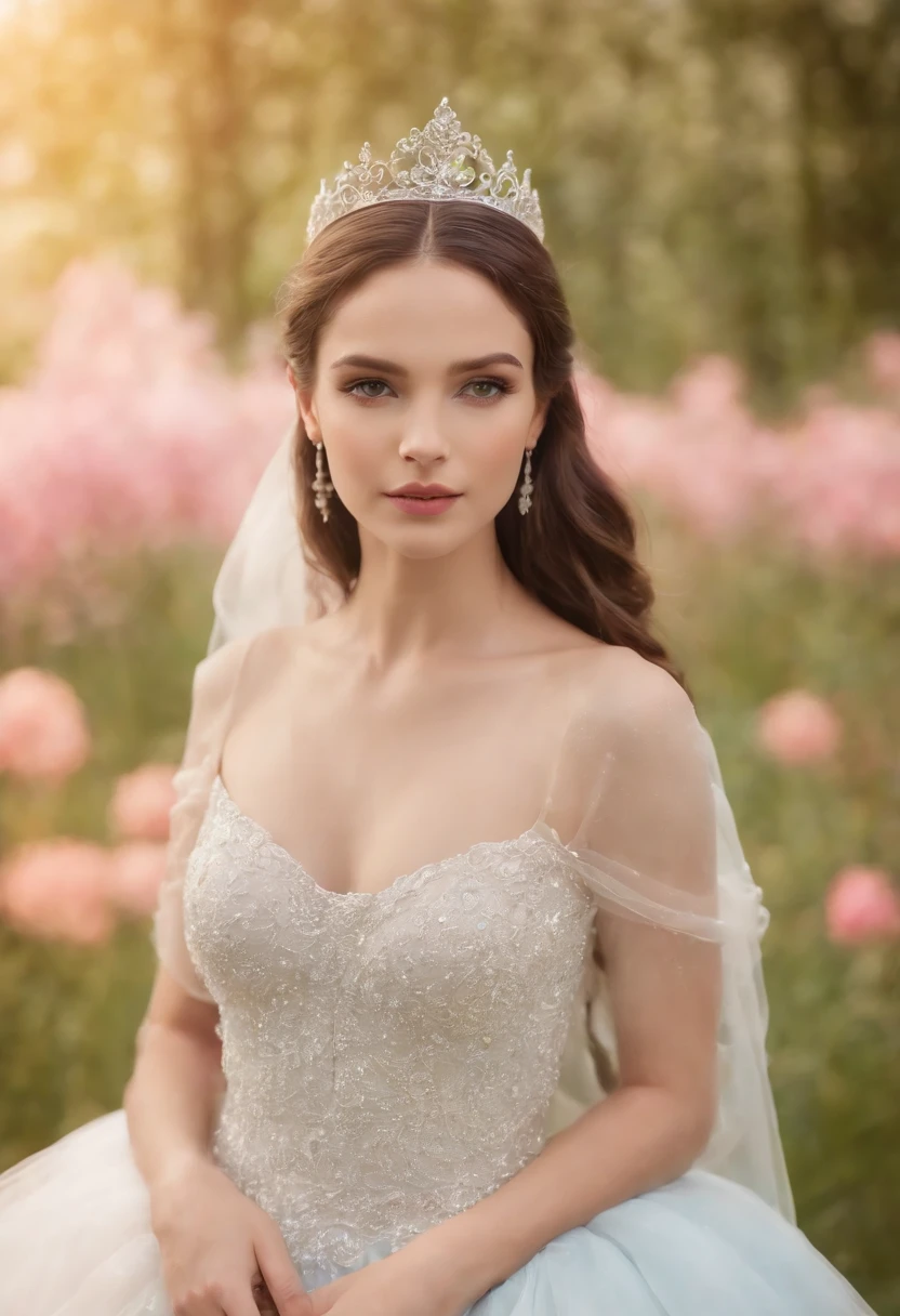 (Princesa elfa+suave e delicado)+(Vestido longo em cores brilhantes,Luz brilhante,Cabelo loiro longo e liso+Olhos brilhantes e acolhedores)+(pink petals+Brisa suave+with blue sky and white clouds+Bosques verdes)