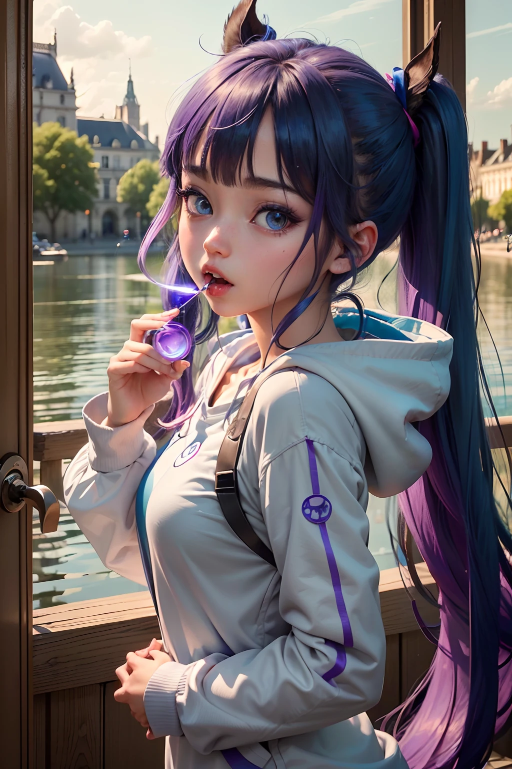 Raw photography, top-quality, masterpiece, extremely delicate and beautiful, ighly detailed, nffsw, Unity, 8K Picture Wallpaper, amazingly detail, detaile, masterpiece, top-quality, Official art, Highly detailed ticker Unity 8k wallpaper, ultra-detailliert, hight resolution, ighly detailed, Clair, Focus, (top-quality), (realisitic, Photorealsitic:1.5), 8K, Soft lighting, hightquality, lighting like a movie, 1girl in、twin(Uma Musume)、Twin-tailed、Very very, very long twintails、Hair tied at the back of the head、Tie your hair back、Wrap with black ribbon、a black ribbon、Hair color is blue、Blue hair、Messed up bangs、bouncing hair、Very blue, Very long horse ears、、、、、Eyes very, very, Very big、Purple eyes、Purple eyeballs、Purple eyes、Round eyes、🌀hitomi、Eyes that draw in、Open your mouth wide、Kiza tooth、Double teeth peeking out of the mouth、Supernatural Beautiful Girl、pure、natural、Stupid、Active、Bottomless cheerfulness、小柄、Short、small tits、micro breast、Fancy hoodies、Blue Hoodie、Pampering Pose、The background is the Arc de Triomphe、France