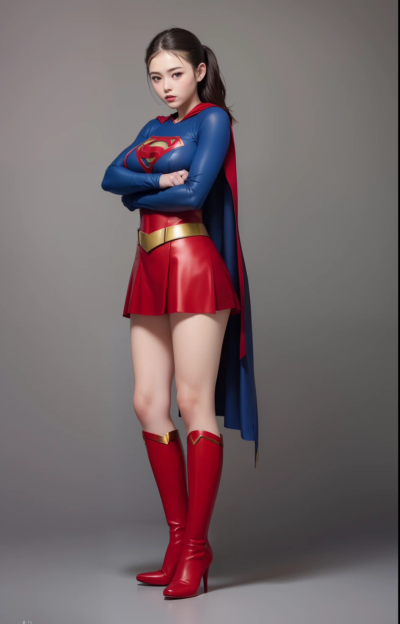 (((Make the most of the original image)))、(((Supergirl Costume)))、(((lustrous dark hair)))、(((Suffering)))、(((Feet must necessarily be worn with black tights)))、(((You need to wear red boots)))、((Top image quality、8K))、((top-quality、8K、​masterpiece:1.3))、Crisp focus:1.2、Beautiful woman with perfect body shape:1.4、Slender Abs:1.2、((layers-Cut、large boob:1.2))、a wet body:1.5、Highly detailed facial and skin texture、