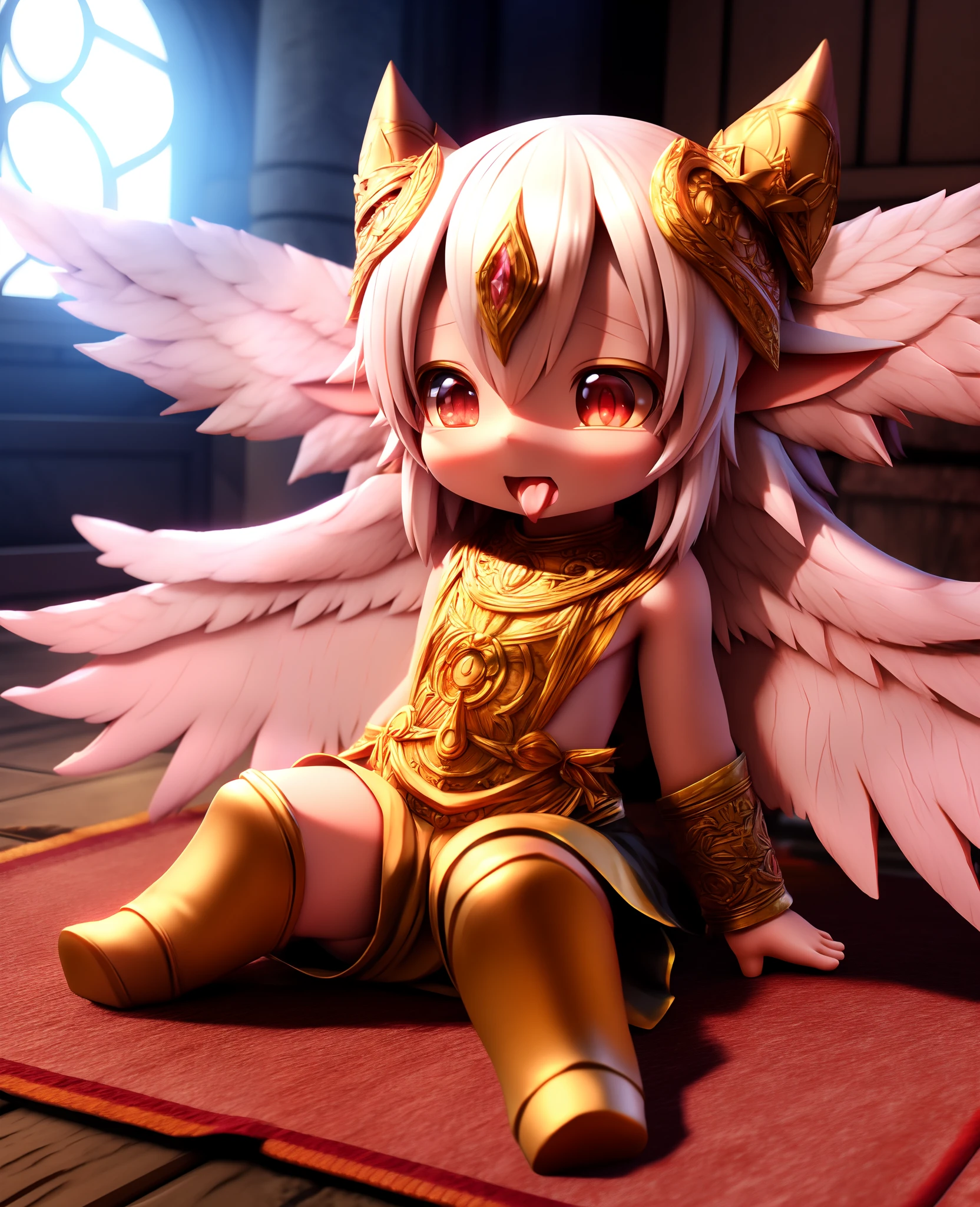 anime character sitting on the ground with wings on his head, 2.5 d cgi anime fantasy art, Lalafell, , cute 3d anime girl render, detailed digital anime art, anime 3d style, anime monster girl, intricate cgi style ornate anime, Ahegao, highly detailed anime, chibi monster girl, little Lolil