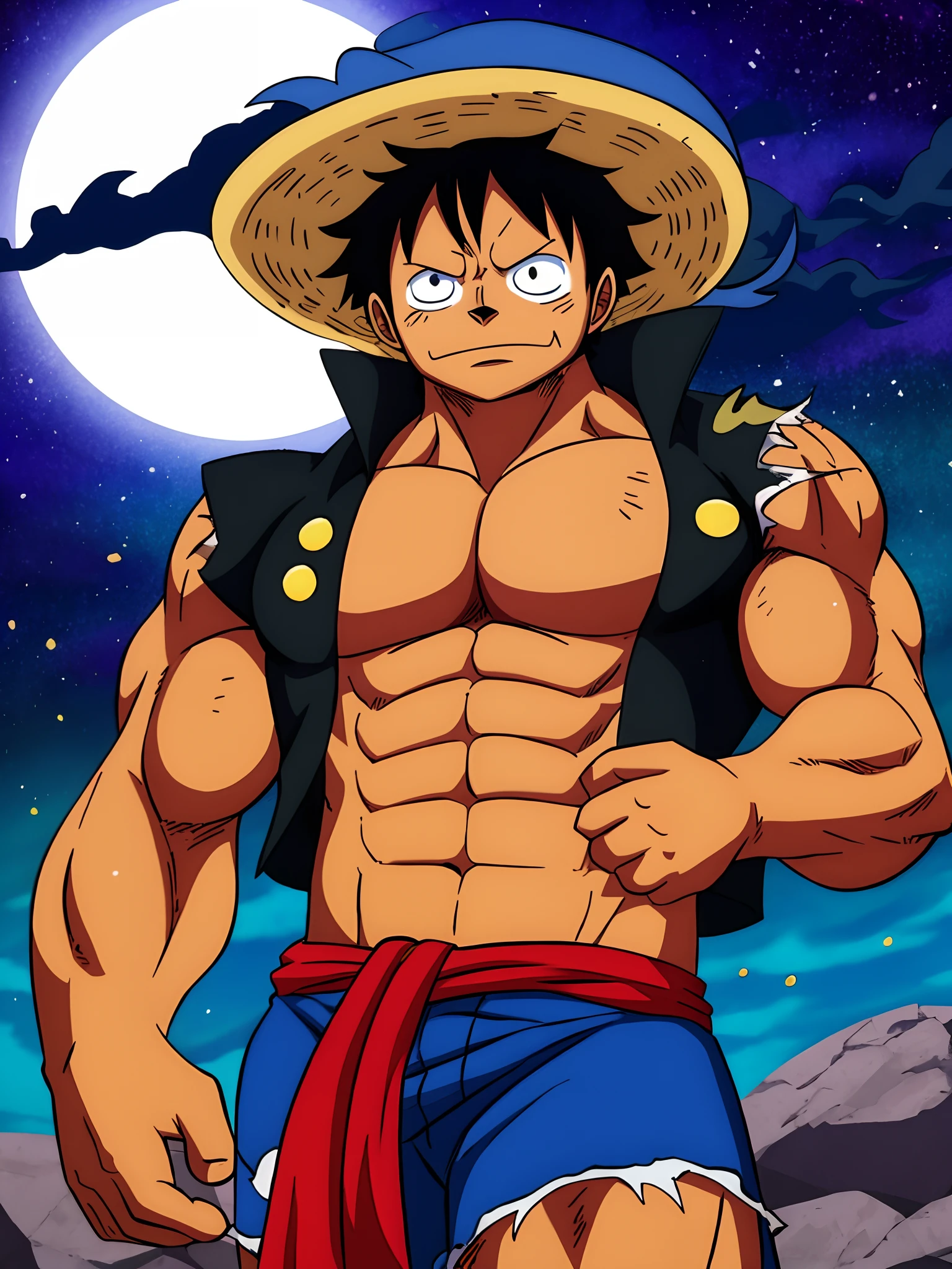 Personaje de anime parado en terreno rocoso, Sombrero de paja y camisa roja abierta, mono, orejas de mono, mono cartoon, orejas de mono cartoon, cola de mono,, narizde mono cartoon, cara de mono cartoon, pelo de mono,cuerpo lleno de pelo de mono, cuerpo muscular, Cuerpo imponente,Apariencia imponente, brazos musculosos, piernas musculosas, solo cuerpo, torso trapezoide, Cuerpo robusto, cuerpo musculoso, pectorales redondos y carnosos definidos, ABS de tabla de lavar definidos, brazos definidosbufanda masculina soloyellow masculina en la cintura, 1 , pantalones cortos negros, ojos negros, Capa negra unida al cuello, Luffy de One Piece, Estilo Eiichiro Oda, en la noche, poca luz, luz natural, Pose de lucha, Damaged clothes, damaged skin, Fondo del cielo con luna llena roja, poca luz, rayos de luz, Aura poder, particles floating, ojos enojados, Cara enojada, disgustado, Esperando, Enfoque masculino, strong muscles, Manos cerradas, Dedos bien formados, (Muy detallado 8k), (mejor calidad), (Las mejores sombras).