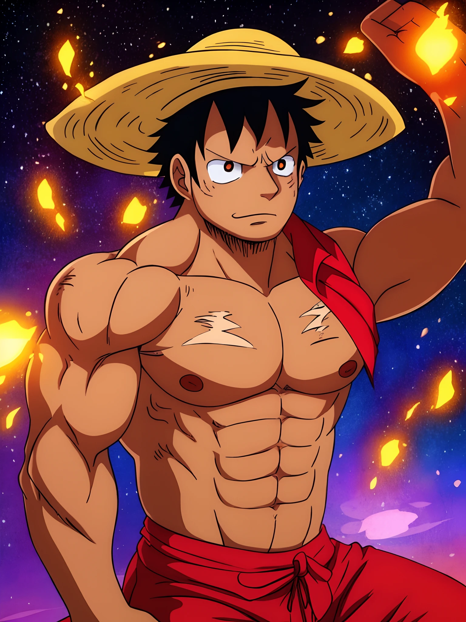 Personaje de anime parado en terreno rocoso, Sombrero de paja y camisa roja abierta, mono, orejas de mono, mono cartoon, orejas de mono cartoon, cola de mono,, narizde mono cartoon, cara de mono cartoon, pelo de mono,cuerpo lleno de pelo de mono, cuerpo muscular, Cuerpo imponente,Apariencia imponente, brazos musculosos, piernas musculosas, solo cuerpo, torso trapezoide, Cuerpo robusto, cuerpo musculoso, pectorales redondos y carnosos definidos, ABS de tabla de lavar definidos, brazos definidosbufanda masculina soloyellow masculina en la cintura, 1 child, pantalones cortos negros, ojos negros, Capa negra unida al cuello, Luffy de One Piece, Estilo Eiichiro Oda, en la noche, poca luz, luz natural, Pose de lucha, Damaged clothes, damaged skin, Fondo del cielo con luna llena roja, poca luz, rayos de luz, Aura poder, particles floating, ojos enojados, Cara enojada, disgustado, Esperando, Enfoque masculino, strong muscles, Manos cerradas, Dedos bien formados, (Muy detallado 8k), (mejor calidad), (Las mejores sombras).