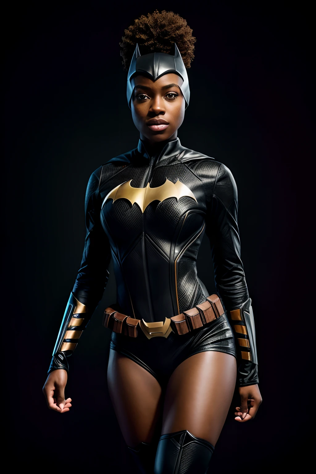 Create an extraordinarily detailed and fantastically realistic image portraying a black woman as a superhero, vestido como Batgirl da DC. O foco deve estar no rosto dela, showing his beautiful features and a subtle, Sorriso Confiante. The costume should reflect DC's iconic Batgirl costume. Place the character against a black background to emphasize their presence. Use the studio's chiaroscuro lighting to add depth and atmosphere to the image. Render this composition in an impressive 8K resolution, ensuring exceptional clarity and precision in portraying the strength and grace of black women as superheroes;;.