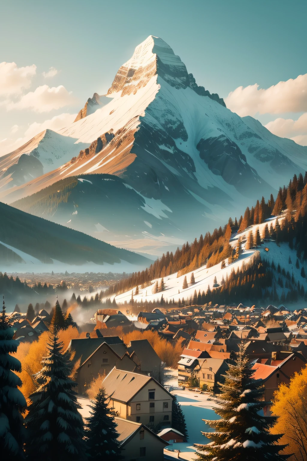 a small town, in the distance a mountain