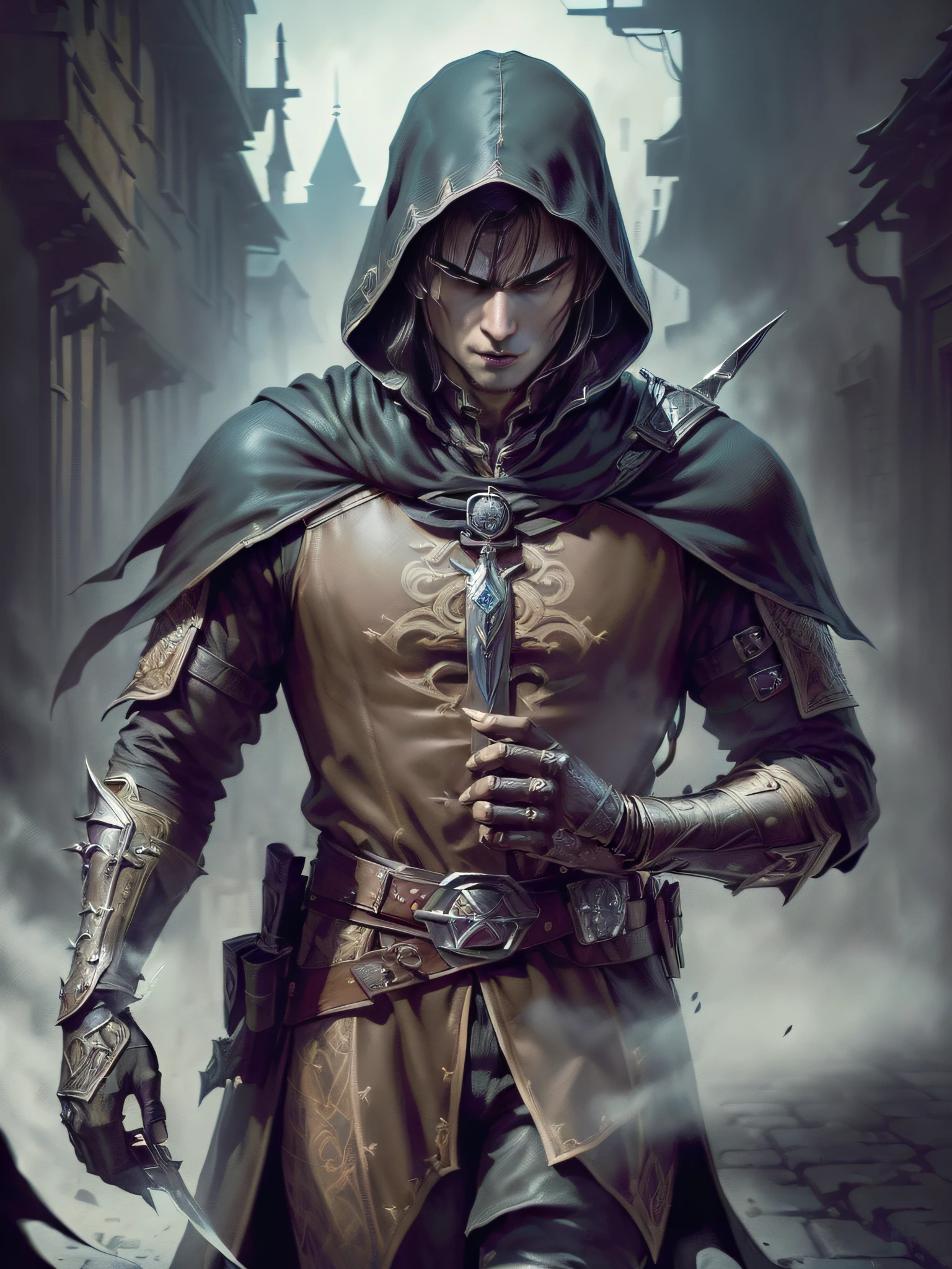 (superfine illustration, Best Quality, Ultra-detailed, Correct delineation, Perfect fingers, Perfect hands, Medieval fantasy illust:1.5), (mysterious assassin:1.5), (Male Focus, Solo, male face, male eyebrow, sharp eyes, sharp nose:1.3), walk, (is wearing assassin costume:1.5), town as background, night, mist, view from above,