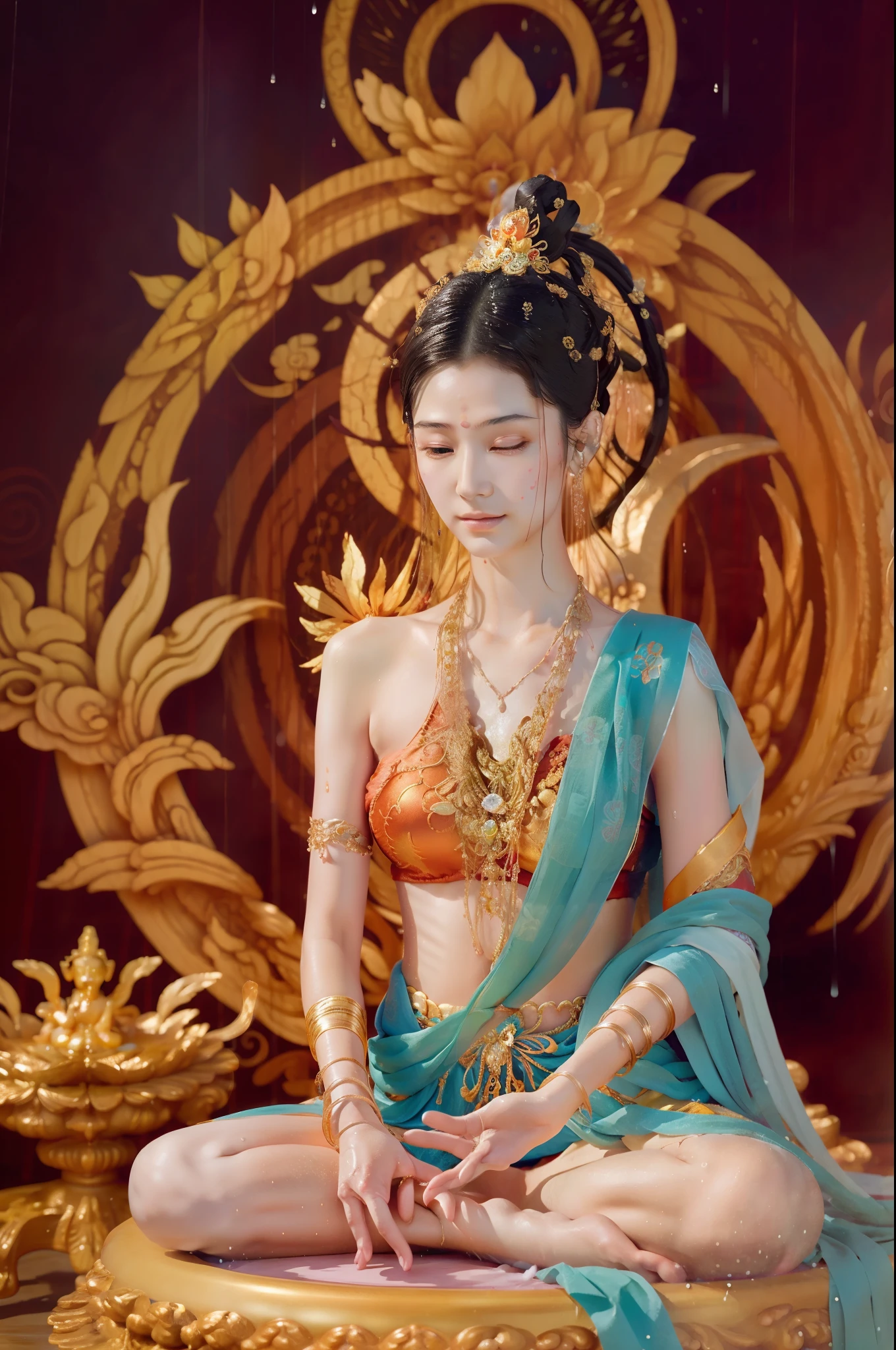 Sweaty sexy Zen Avalokiteshvara sitting in meditating,(Yoga lotus sitting),(Delicate and good-looking face),(Get wet all over your body ),(The whole body is wrapped in )