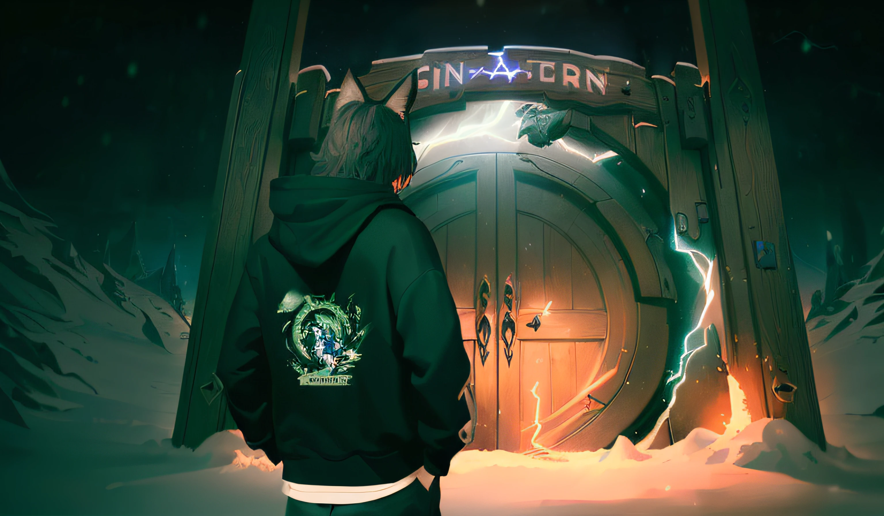 there is a man standing in front of a door with a lightning coming out, finalrender, finnstark, official fan art, photoshot, cyril rolando and goro fujita, fan art, (octane render) fantasy style, sfm render, official fanart, portrait of fin wildcloak, stylized urban fantasy artwork, fenrir, cover shot, fantasypunk