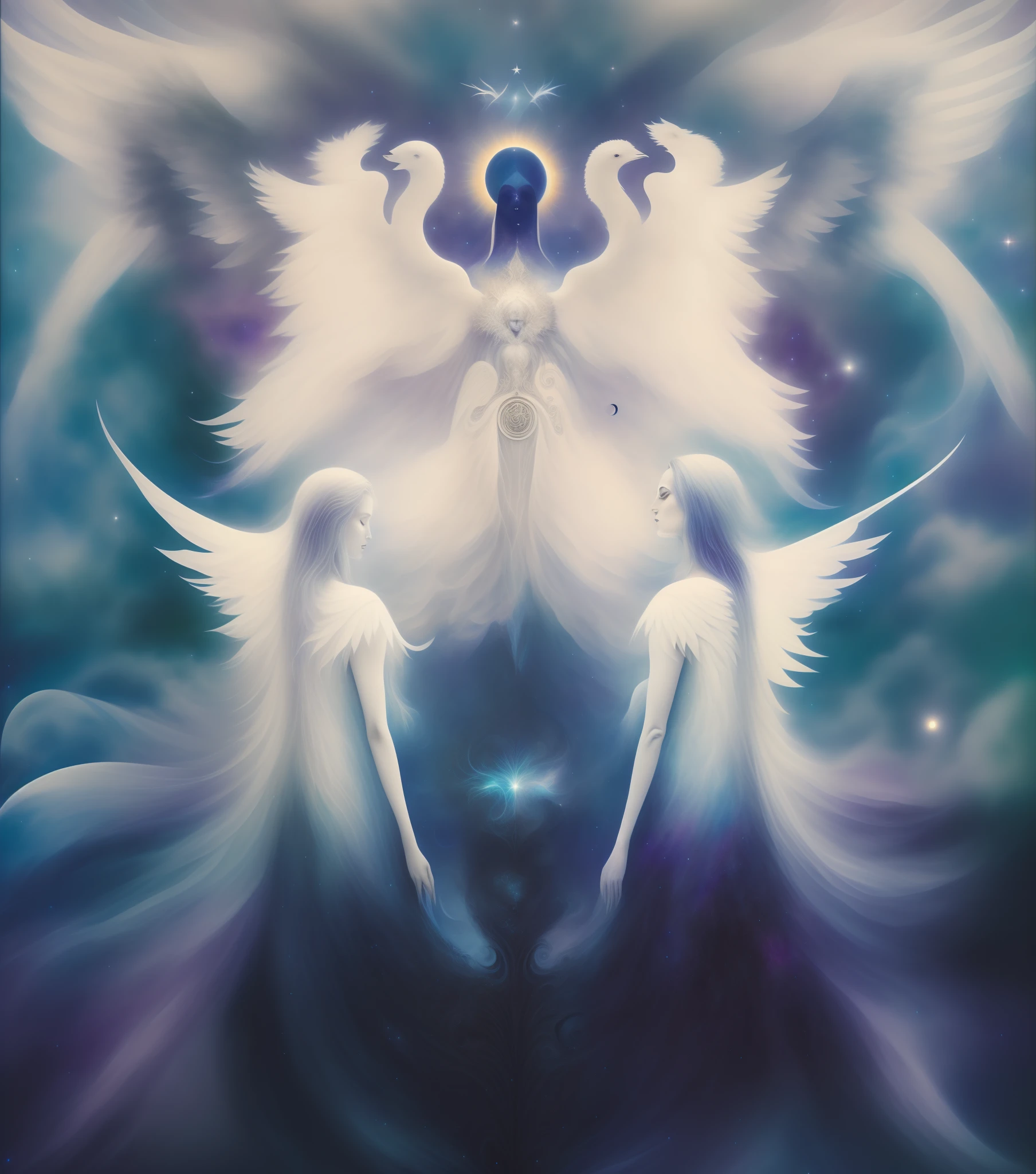 pintura de um grande anjo branco com um olho preto, cosmic horror entity with wings, formas abstratas espirituais, um fundo espiritual abstrato, astral appearance, portrait of a cosmic entity, abstract occult epic composition, ser angelical brilhante, Ethereal Angelic Being of Light, infinite angelic wings, strange ethereal being, ethereal wings, galactic deity, sinistro granulado espiritual, plano astral, astral ethereal