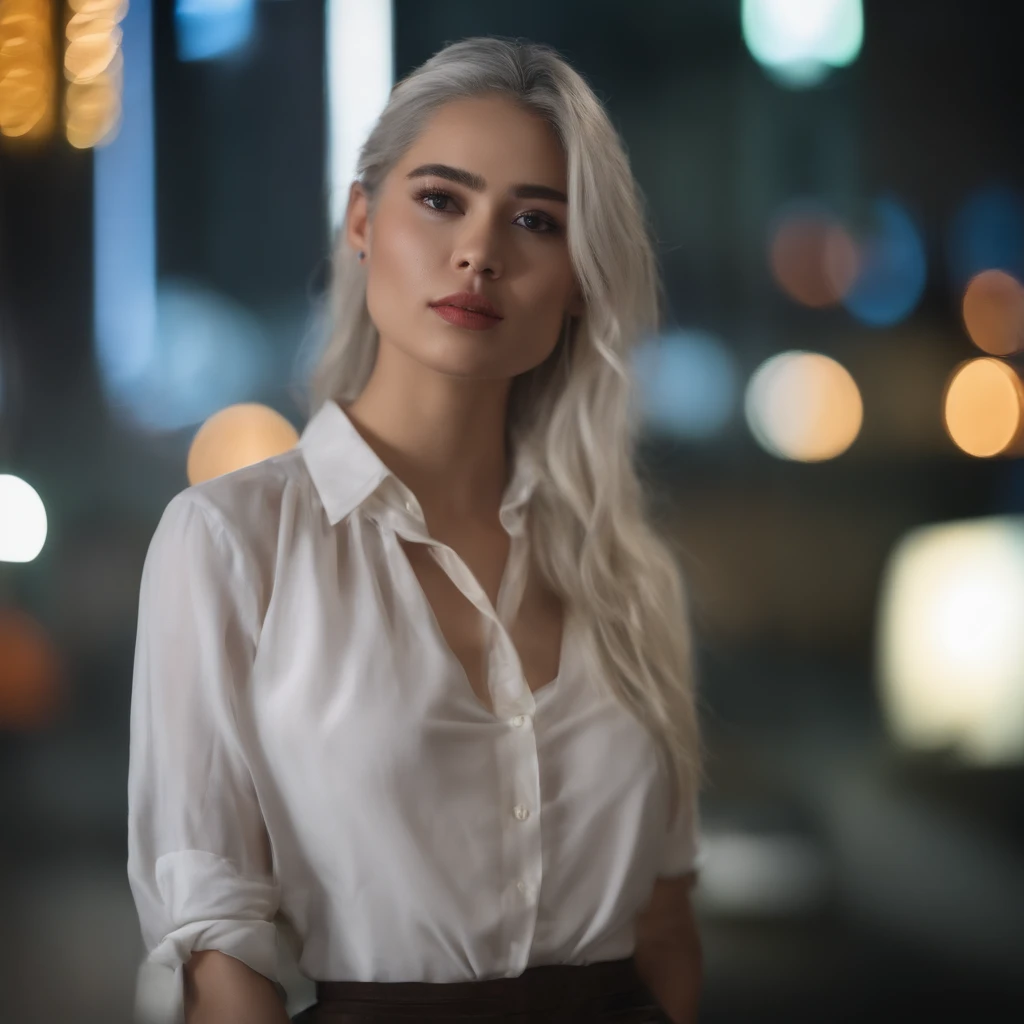 (8K, Raw photo, masutepiece:1.3), (Realistic, Photorealsitic:1.37), (Night), (Looking at Viewer:1.331), (White hair), Posing, on tokyo street, night cityscape, Cyberpunk City, Soft light, 1girl in, Extremely beautiful face, Bust, put down hands, Random hairstyle, Random expression, Big eyes, lower abdom, (shortsleeves .nffsw_Shirt), nffsw_Style, (Dark blue ajc_Skirt), (Bow Ticker_tie), mix4., Best Quality