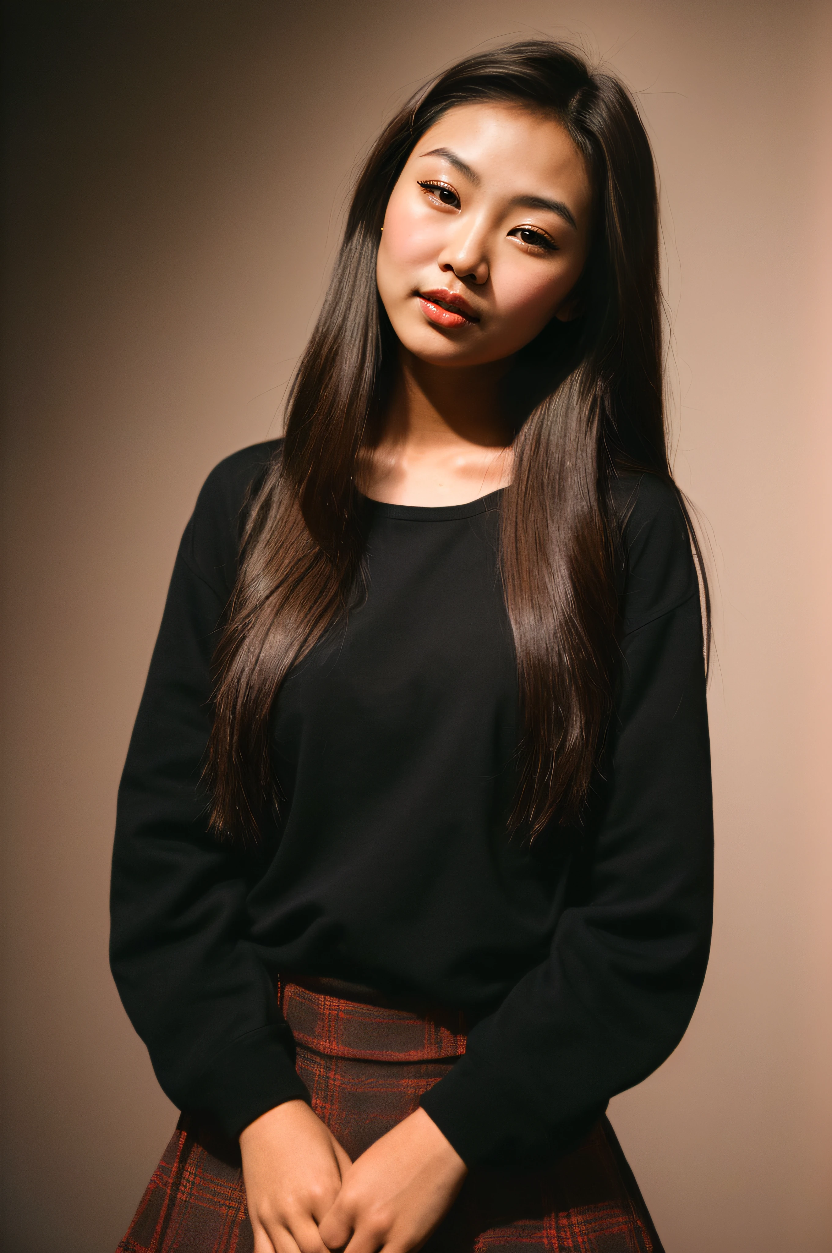(full body, editorial photograph of a 20 year old asian brunette woman), (looks like 14 years of age, but still legal) (highly detailed face:1.4) (smile:0.7) (background inside a Art Gallery, moody, private study:1.3) Full body, by lee jeffries, nikon d850, film stock photograph ,4 kodak portra 400 ,camera f1.6 lens ,rich colors ,hyper realistic ,lifelike texture, dramatic lighting , cinestill 800, moaning, crying, face towards the camera, wearing Modern, High Fashion clothes