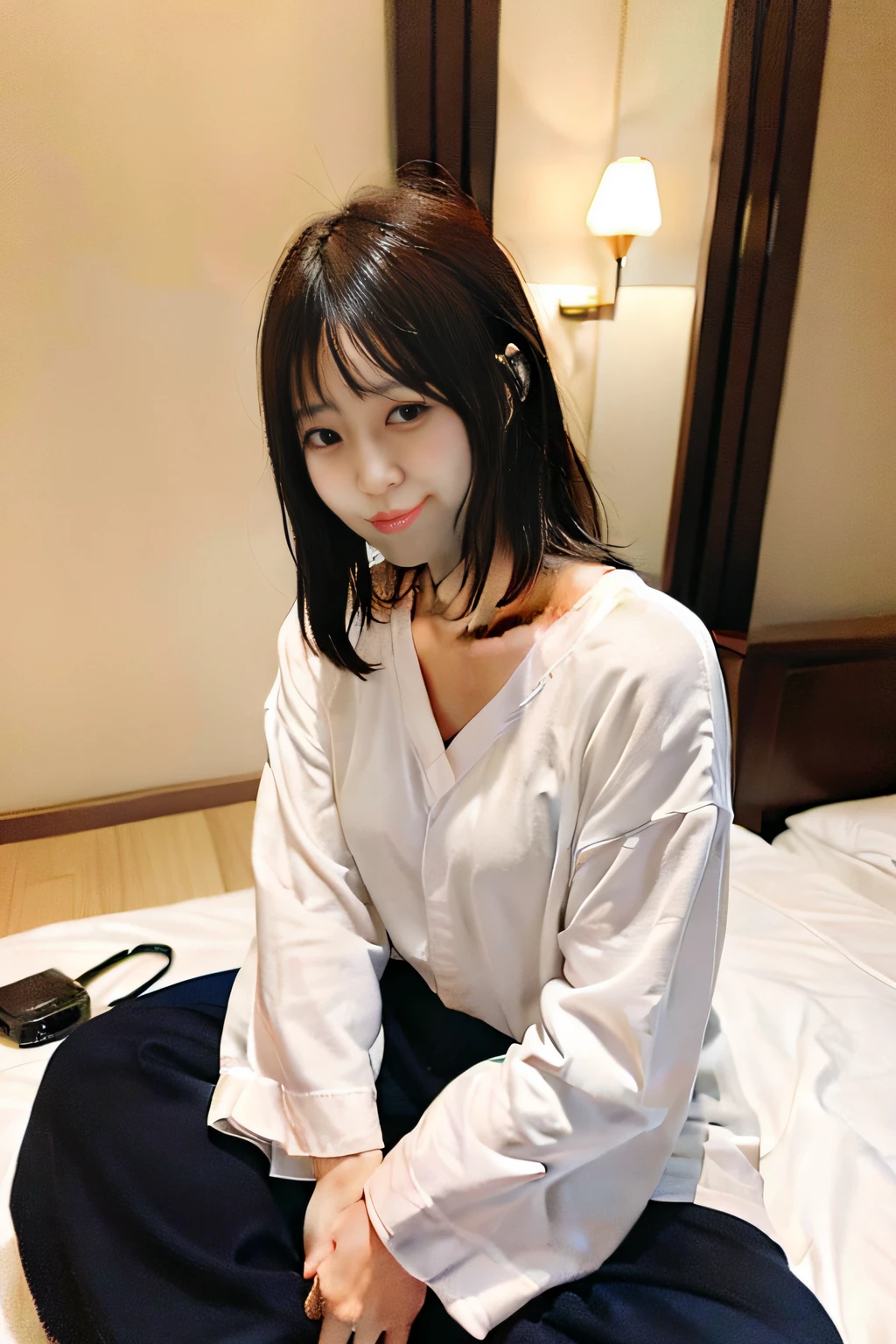 japanes、in her 20s、3 people、beer、plural、a smile、messy room、s Pajamas、drunk、nsfw、hotel、wide angles