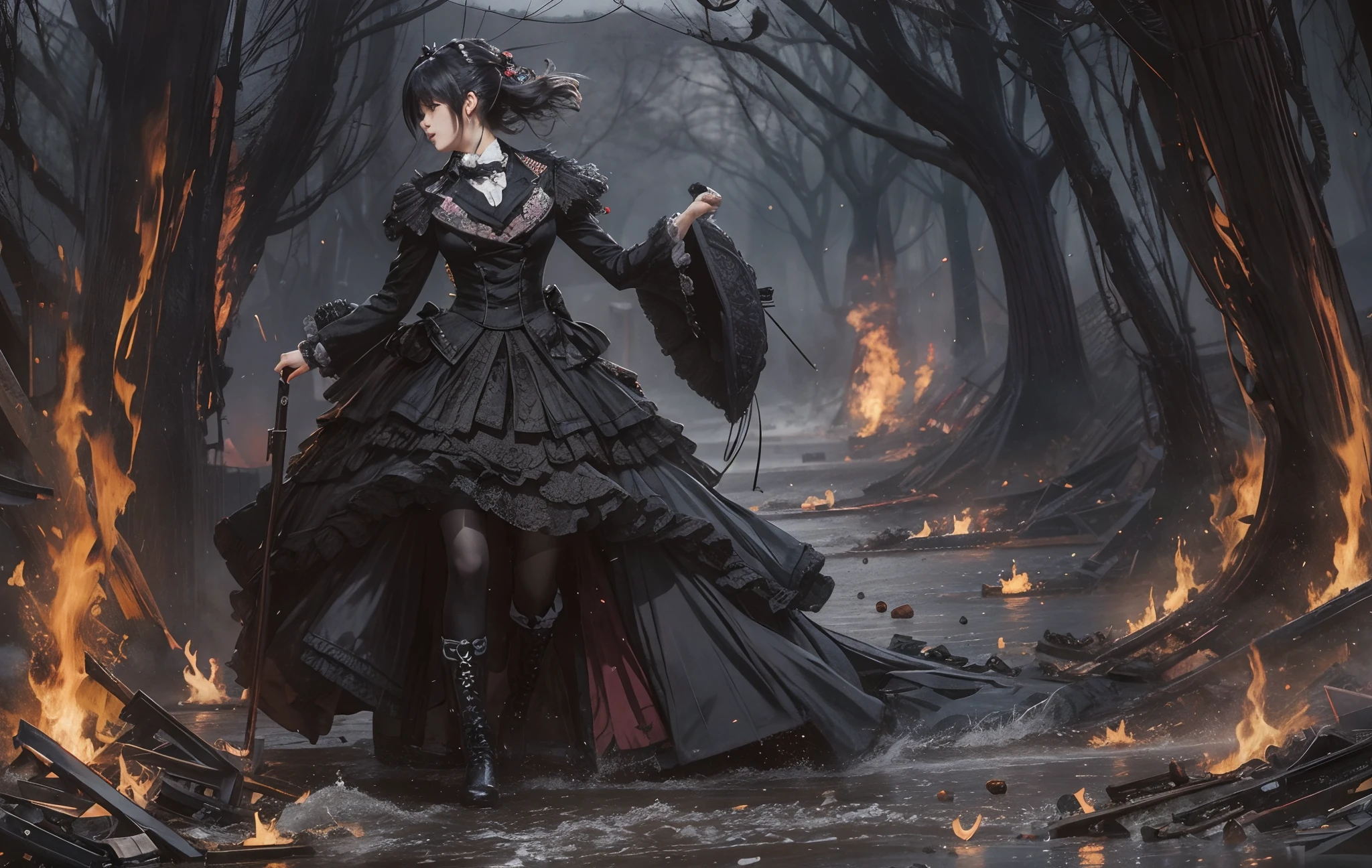Attack, masterpiece, best quality, romance art splash, super detail busy scene , japanese punk, flying on victorian city, soft color, focus on people, depth of field, hyper realistic, profesional shoot