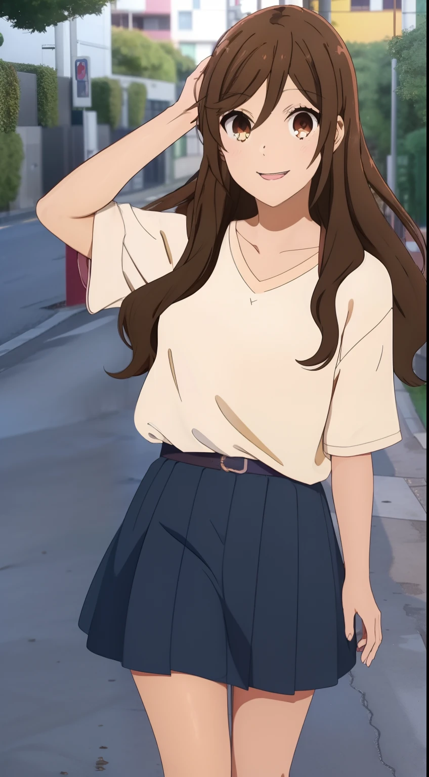 pixel-Hori, 1girl, obra maestra, fotorrealista, cuerpo completo, realista, paseando de la mano, caminando en la noche, cuidad de noche, (mano del espectador), mirando al espectador sonriente, feliz, enamorada, (foto RAW, 8k uhd, movie grain), caustic, Sub-Surface Scatterring, mejor calidad, noche estrellada