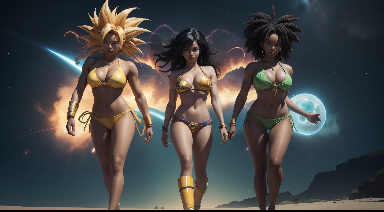 Three women in bikinis running, of an explosion on the beach, e gravata posando para foto, epic 3 d oshun, Estilo afrofuturismo, Realistic bikini, Afrofuturista, afro - estilo futurista, Afro Futurismo Anime |, Futurismo Afro, Anime estilo 3D, deviantart artstation cgscosiety, Afro Futurista, stylized rendering, Cores da Jamaica, epic 3 d yemaya, Woman in Afrofuturist bikini posing for photo, wearing two - piece swimsuit, pele escura, mulher negra, full body shot in bikini, Rainha Africanoa, corpo grande, de pele escura, bikini model, swimsuit model, is wearing a swimsuit, africano, thicc, mulher Africanoa, mulher jovem negra, Jamaican vibe, marrom, afro Dragon Ball Goku Wallpapers Dragon Ball Goku Wallpapers, Goku Feminino, saiyajin, super saiyajin, indo super saiyajin, super saiyajin 3, fan art, arte HD, Estilo anime 4K, super saiyajin goku, badass anime 8 k, Estilo de arte de Dragon Ball, Anime HD, Poster de Anime 3D, DBZ, Super Sayan, Super Sayian Goku de corpo inteiro, detalhes muito altos, Dimension 8KNa where the stars collide, the legendary serpent Orochi emerges as the embodiment of the heavenly fury. Your body is a symphony of radiant colors, refletindo o nascimento das estrelas. His eyes glow with cosmic fire and tendrils of energy form an arc around his form like an ethereal ray. The presence of the serpent inspires fear and awe, for it harnesses the power of the cosmos itself. In the midst of a cosmic maelstrom, where spiral galaxies and stars explode, a serpente reina suprema, epics, Cataclysmic and transcendent, Evoking the power of heavenly forces. Estilo: Ultra-realistic digital painting with intricate details and dynamic color interaction. Execution: Renderizada em estilo hiper-realista, Using Advanced Digital Techniques to Capture the Complex Interstellar Environment and Celestial Energy of the Serpent, Three women in bikini and tie posing for photo, epic 3 d oshun, Estilo afrofuturismo