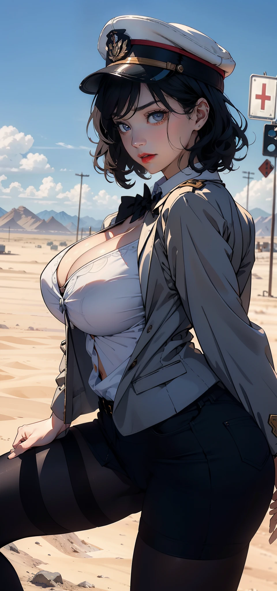 1female,35yo,plumw,extremely large bosom, 独奏,(Background with:A desert,aerodrome,Planes) She has very short black hair,bobo head,Stand on the plane,,seen from the front, curlies, mostly cloudy sky,(((tmasterpiece),(Very detailed CG unity 8K wallpaper),best qualtiy,cinmatic lighting,detailed back ground,beatiful detailed eyes,Bright pupils,Black eyes,Snow-white skin,Redlip(Very fine and beautiful),(Beautiful and detailed eye description),ultra - detailed,tmasterpiece,)),facing at camera,A high resolution,ultra - detailed),revealing breasts,Bare genitalia, Bulge,legs are open,Raised sexy,Camel toes,Flushed complexion,Desire for dissatisfaction,frontage,us airforce,Aviator,military hat(Wearing:blazer jacket,tailcoat,neck bowtie,Black pantyhose,Bare breasts)