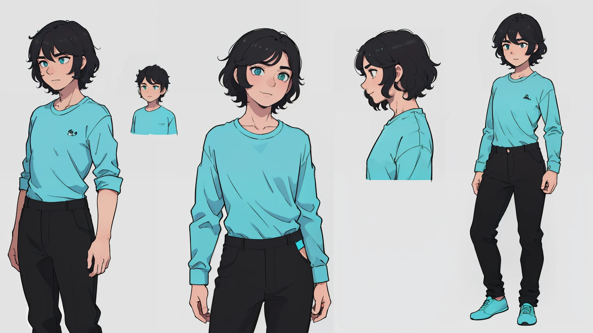((Detailed face)), ((all detailed)), ((best quality)), ((masterpiece)), ((realistic)) 19 years old, male, teenager, short, curly hair, black hair, face happy relaxed ( (thin)), (((cyan shirt))), (((black pants))), (((detailed character sheet, front view, side view, three-quarter view))) (( white background ))) 6 1/2 heads full length.
