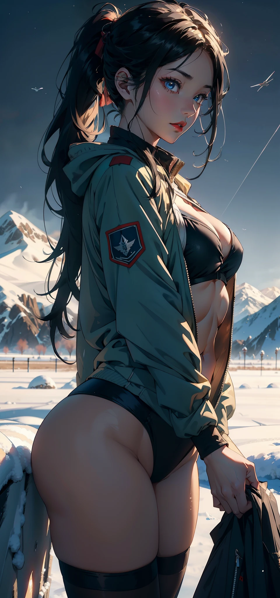 1female，23years old， 独奏，（Background with：aerodrome，Planes，snow mountains，at winter season，Snow on the ground） She has long black hair，Double ponytail standing on the plane，，seen from the front， hair straight， mostly cloudy sky，（（（tmasterpiece），（Very detailed CG unity 8K wallpaper），best qualtiy，cinmatic lighting，detailed back ground，beatiful detailed eyes，Bright pupils，Blue eyes，（Very fine and beautiful），（Beautiful and detailed eye description），ultra - detailed，tmasterpiece，）），facing at camera，A high resolution，ultra - detailed），Snow-white skin，Redlip，revealing breasts，Bare genitalia，  Bulge，legs are open，Raised sexy，Camel toes，Flushed complexion，Desire for dissatisfaction，frontage，Soviet Air Force，（Wearing：Dark green bomber jacket，Black pantyhose，Bare breasts）