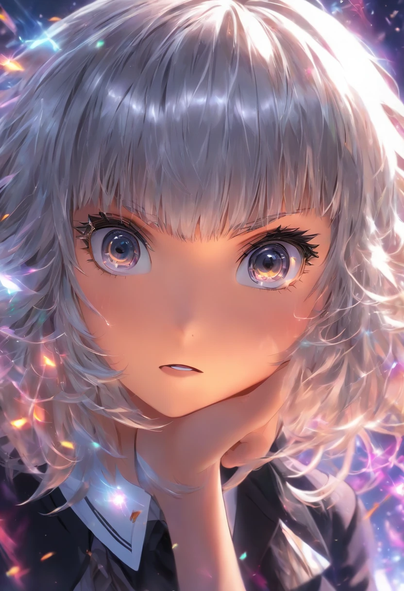 1 girl, silver hair, blunt bangs, black school uniform