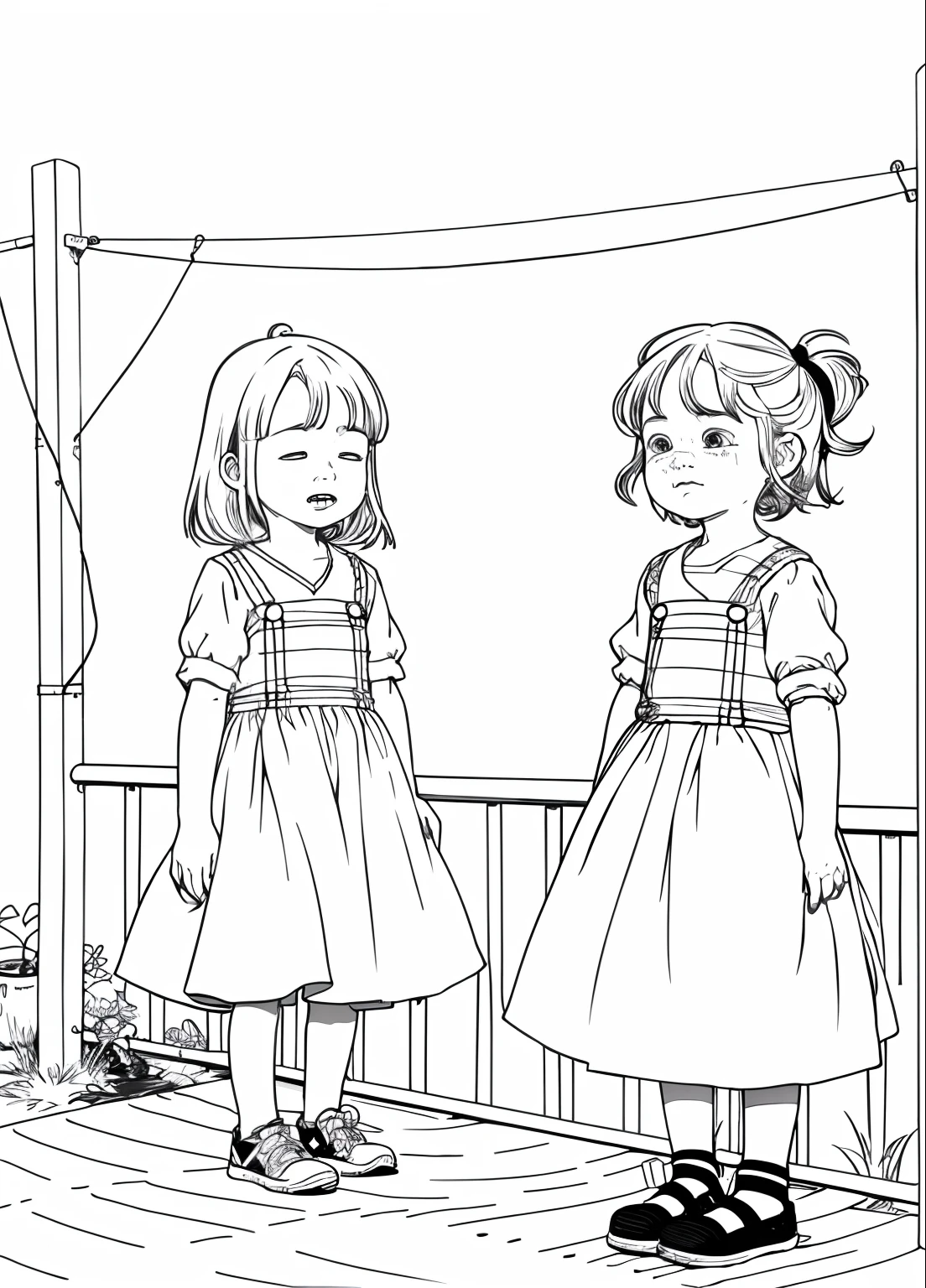 A picture of two little girls because of the difference，Drawing of a headache crying under a clothesline full of rag dolls, drawn with a single line, drawn in microsoft paint, Simple line art, weird scribbles, one line art, Line sketch, thin line art, minimalist line art, scribbled, badly drawn, badly drawn, single line drawing, Simple drawing, scribbles, Simple lines of art, a drawing