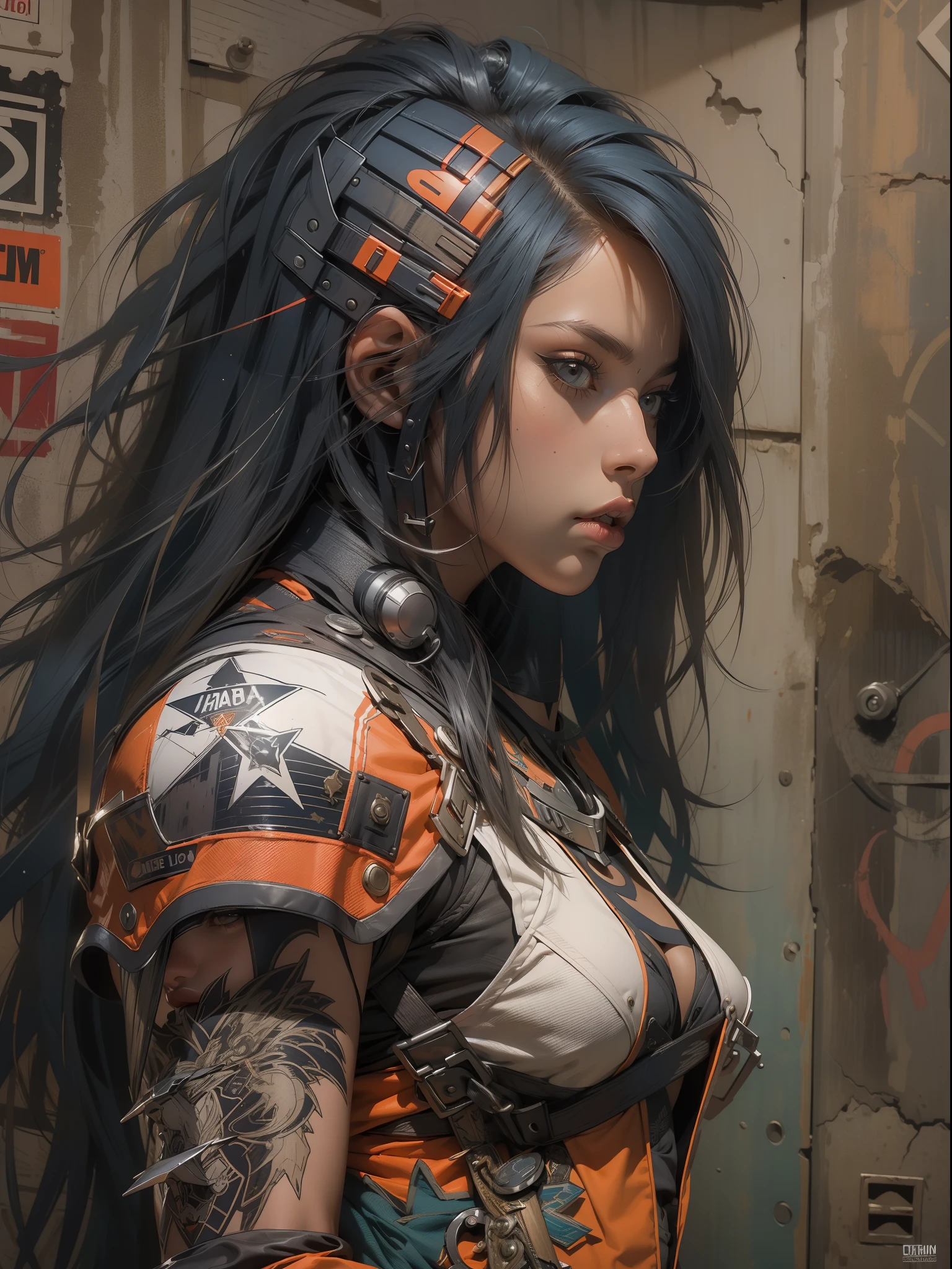 (((mulher))), (((melhor qualidade))), (((obra prima))), (((adulto))), (((1girl))), ((( corte de cabelo bob ))), Uma gladiadora cyberpunk mulher de 25 anos com corpo perfeito, shoulder pads with metal spines, Gladiadores do Brooklyn, (( corte de cabelo bob )), tiny leather panties, camiseta de time de rugby rasgada, quase nua no estilo selvagem urbano de Simon Bisley para a capa da revista Heavy Metal, Cabelo loiro curto, Minimum clothing, Metal protection on the left arm with intricate graphics, dark orange with white stars and checkerboard pattern white and navy blue and copper, armadura, cheio de pontas e rebites, (((do joelho pra cima))), cabelos loiro branco curto, no fundo uma parede pintada por Shepard Fairey com um design intrincado